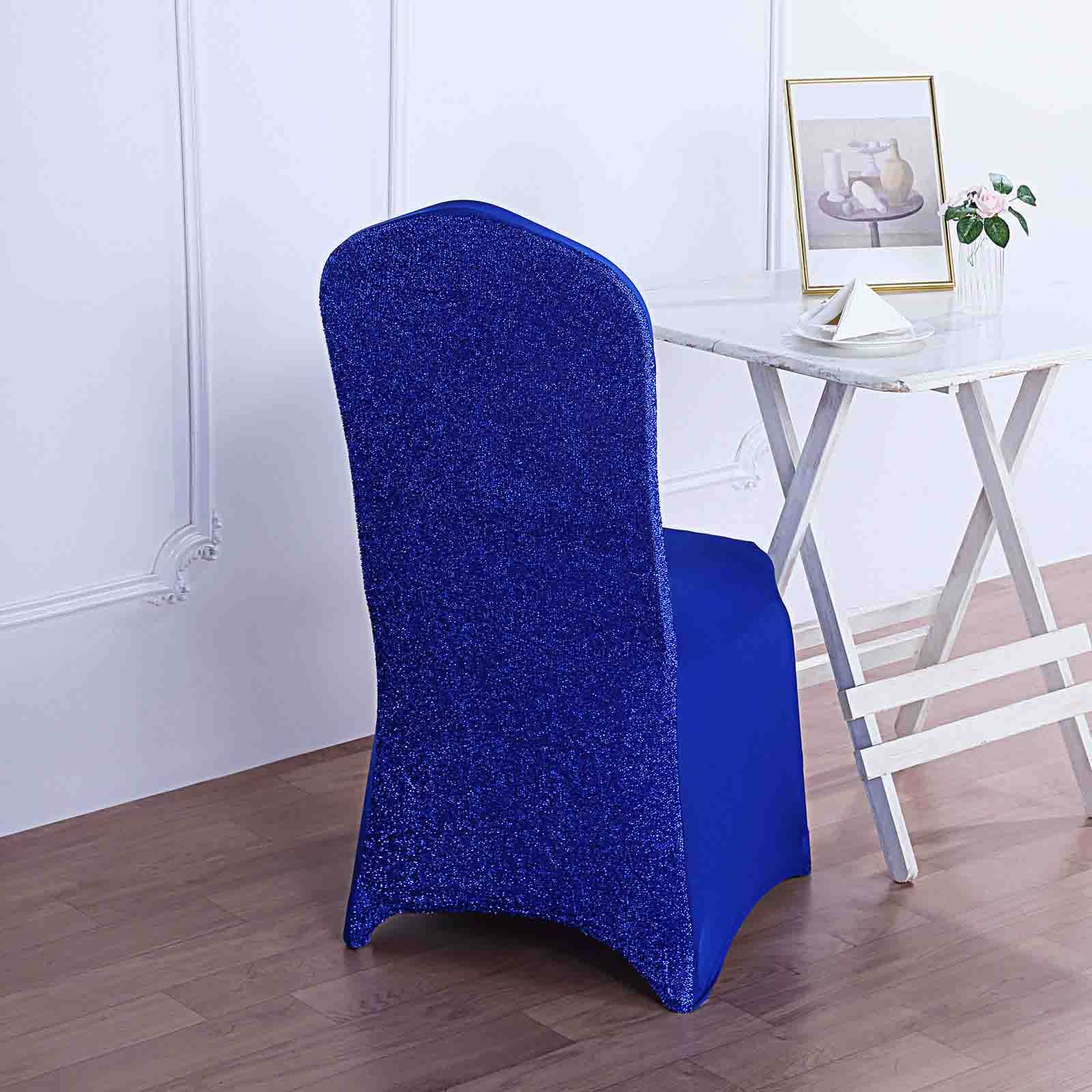 Spandex Chair Cover with Metallic Shimmer Tinsel Back for Banquet Chairs Royal Blue - Fitted Slipcover