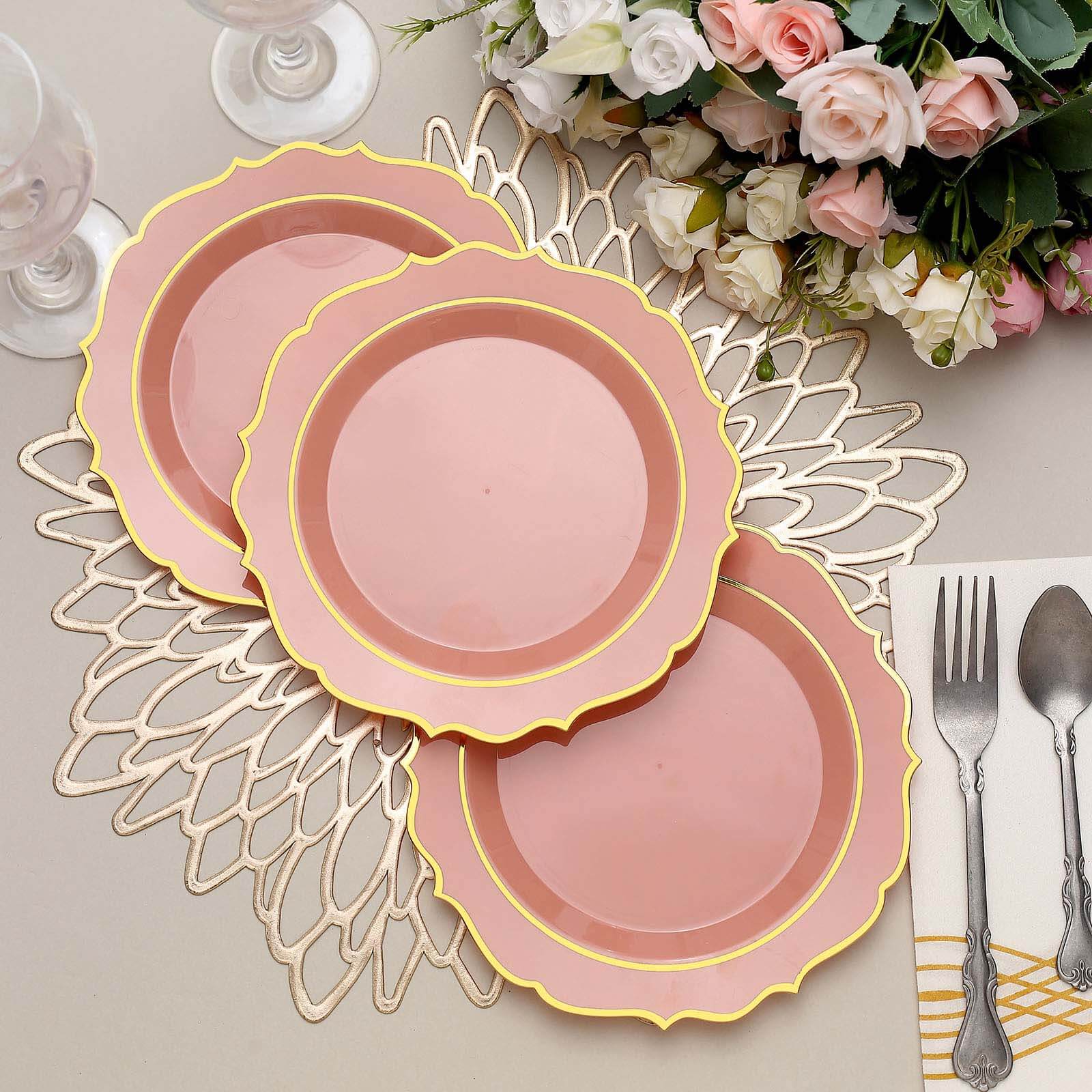 10-Pack Plastic 8 Round Desert Plates in Dusty Rose with Gold Scalloped Rim - Disposable Appetizer/Salad Plates