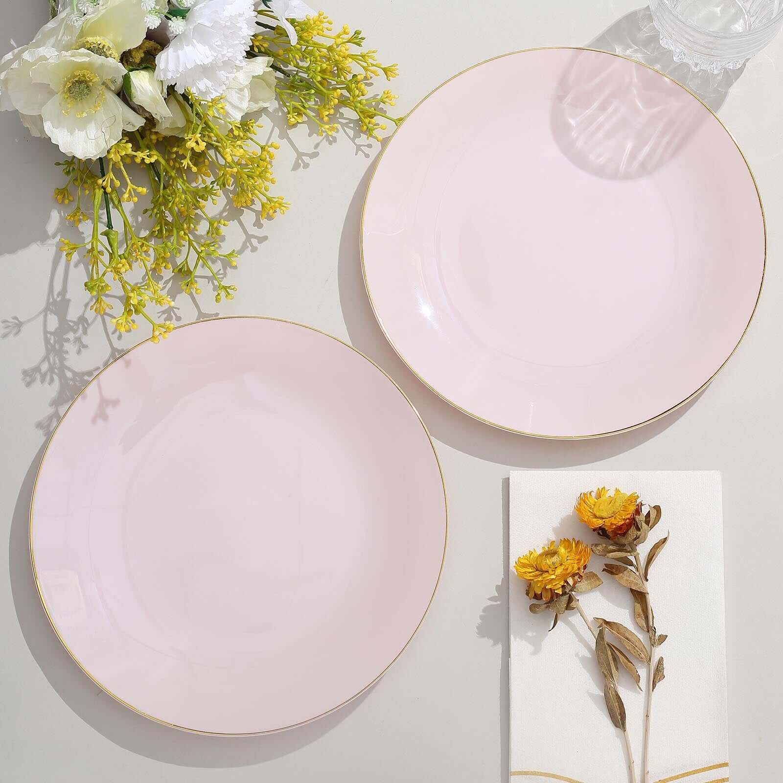 10-Pack Plastic 8 Round Dessert Plates in Blush with Gold Rim - Glossy Disposable Appetizer Salad Plates