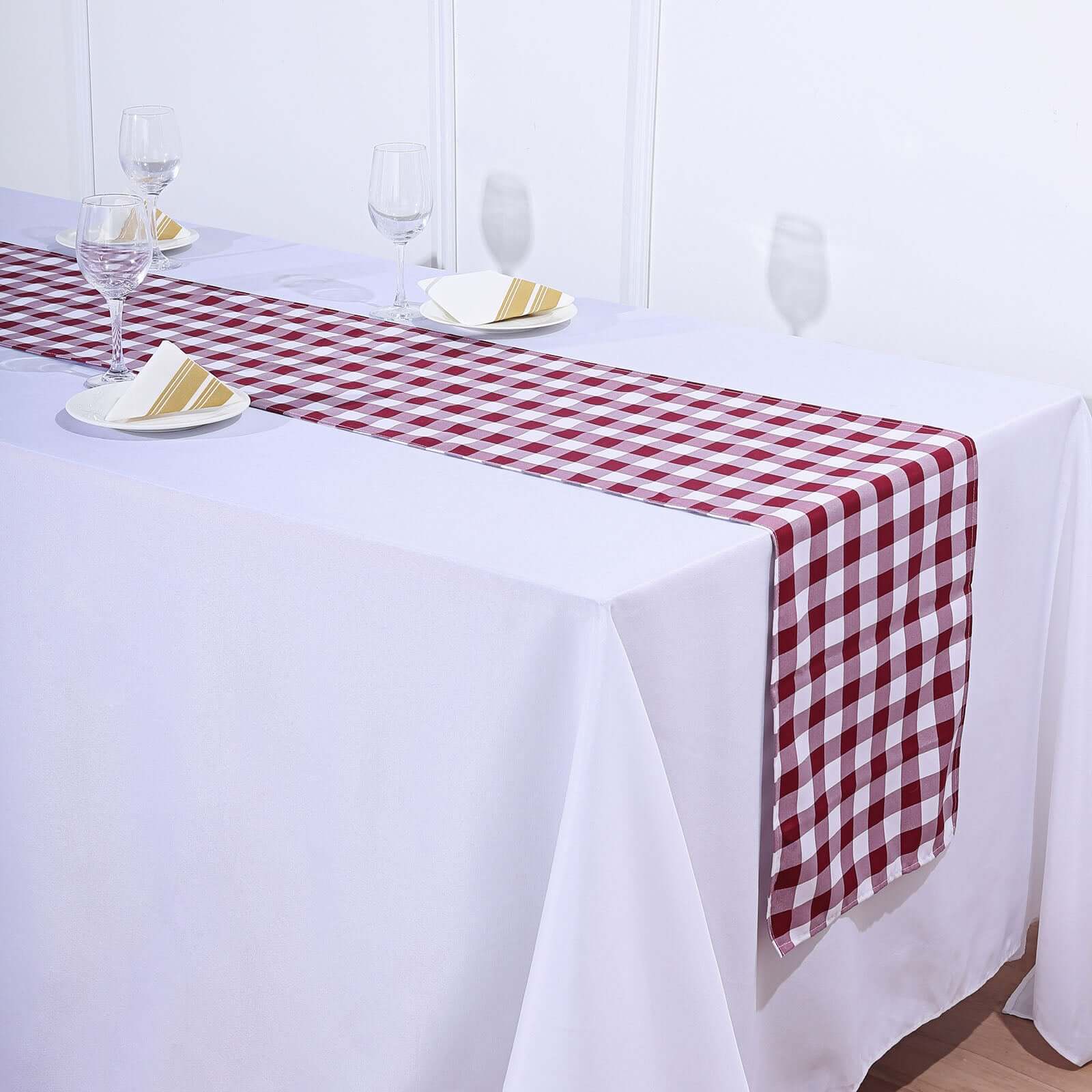 Polyester 14x108 Table Runner Burgundy/White - Gingham Plaid Design