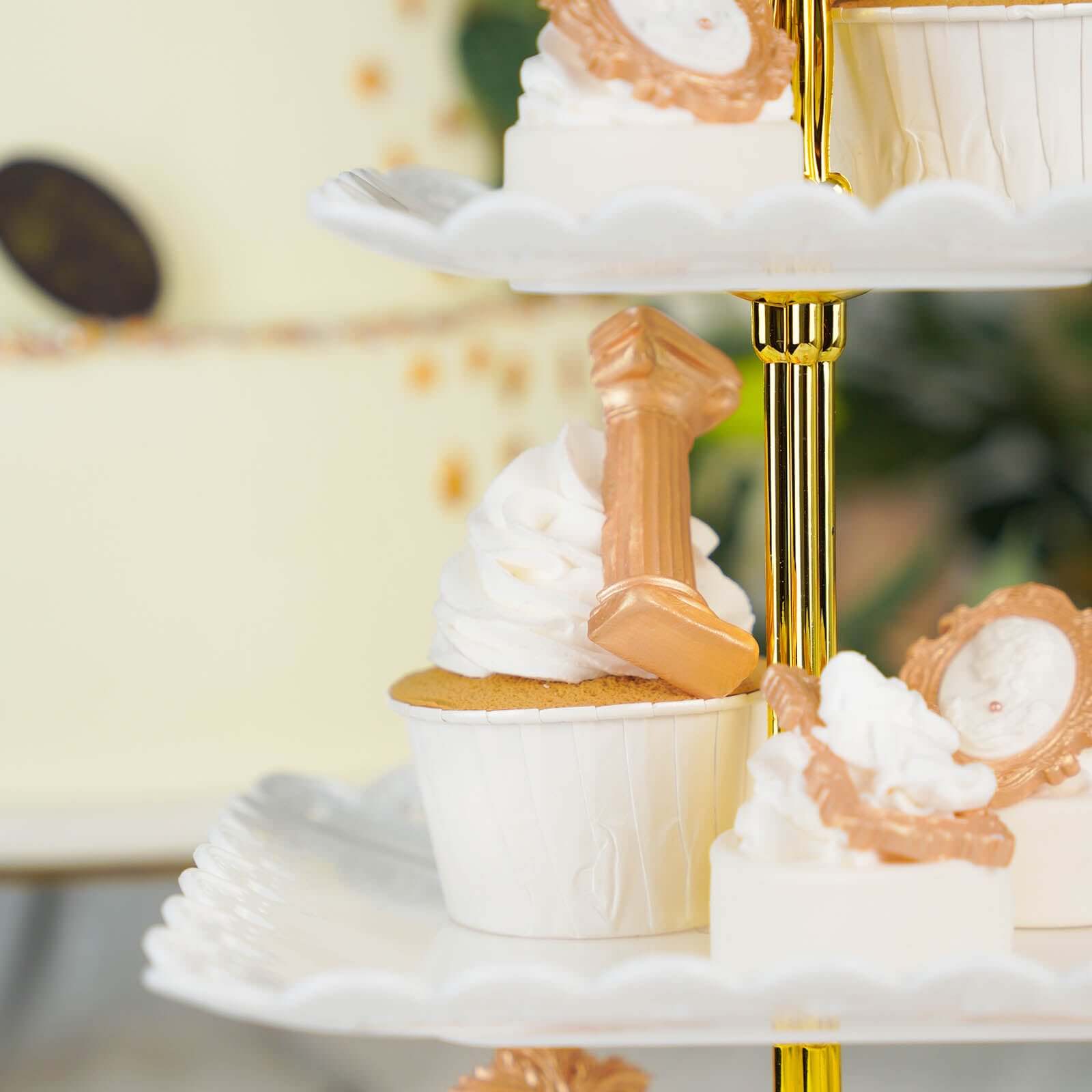 3-Tier Plastic Square Cupcake Stand Tower White - Charming Disposable Dessert Display Serving Tray Platter with Heart Wavy Edge & Gold Top Handle for Tea Parties Weddings & Special Occasions 13