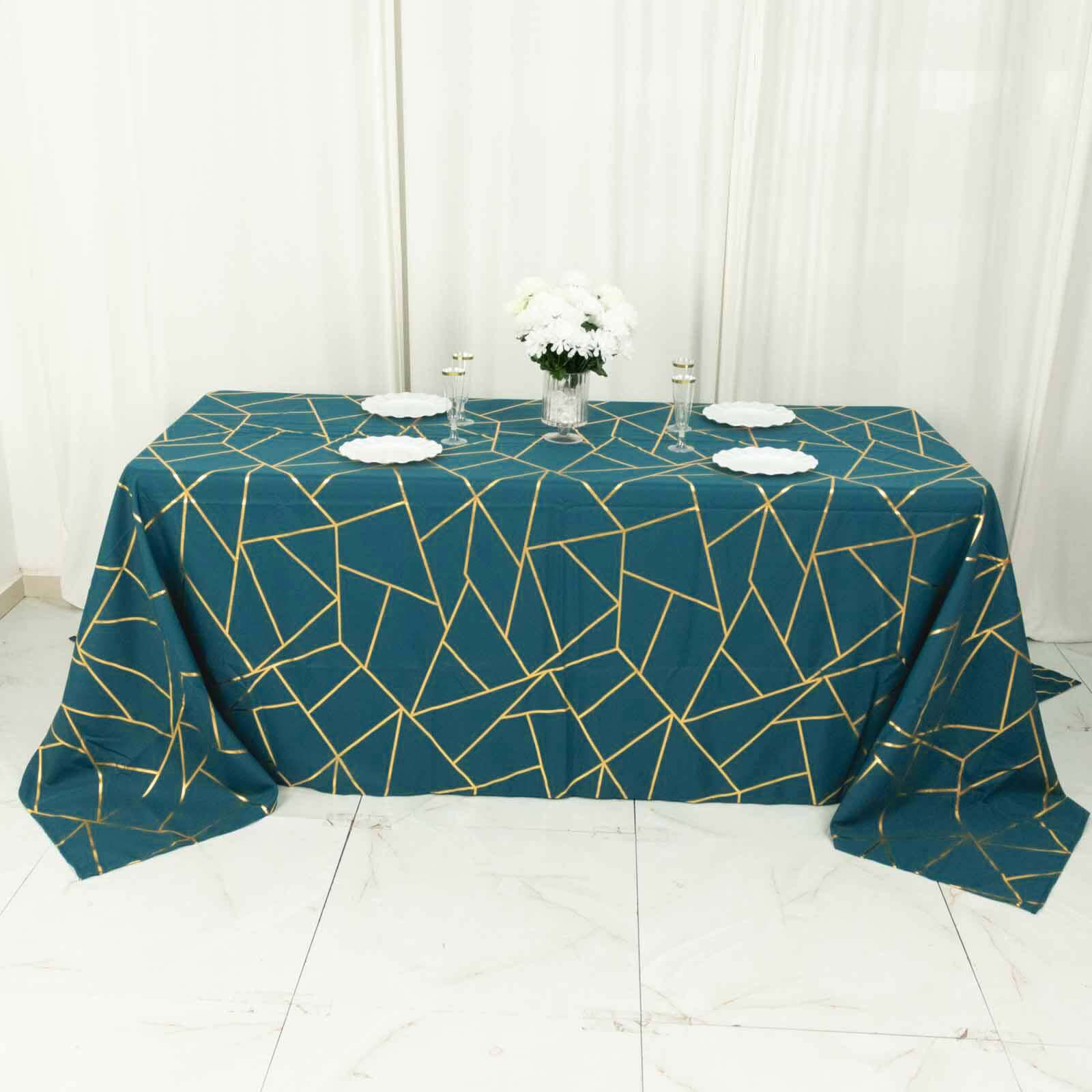 90x132 Peacock Teal Seamless Rectangle Polyester Tablecloth With Gold Foil Geometric Pattern for 6 Foot Table With Floor-Length Drop