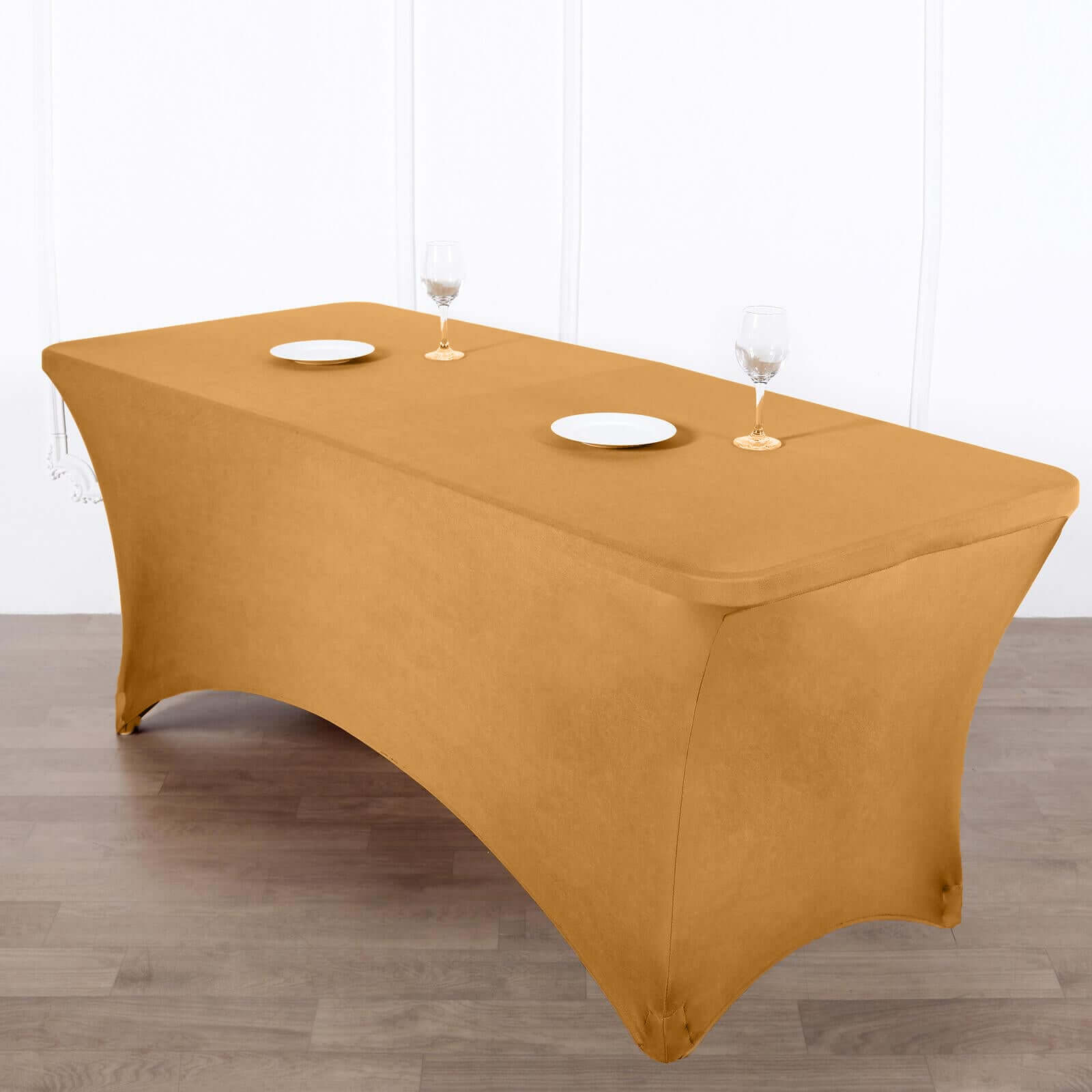 Stretch Spandex 96x30 Rectangle Table Cover Gold - Durable Form-Fitting Tablecloth for Events & Presentations
