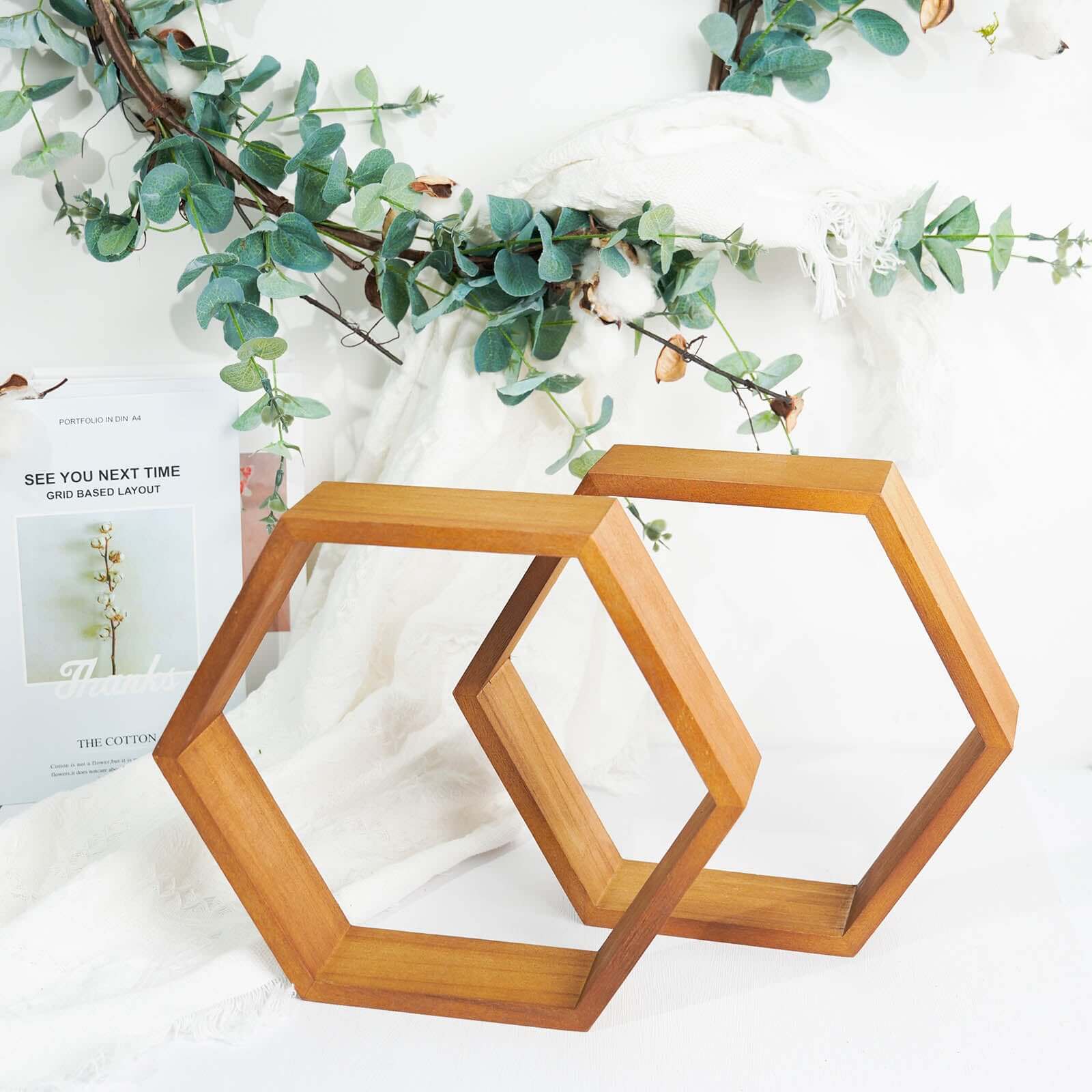 2 Pack 9 Tall Hexagon Rustic Wood Centerpiece Natural Geometric Terrarium Honeycomb Storage Shelf