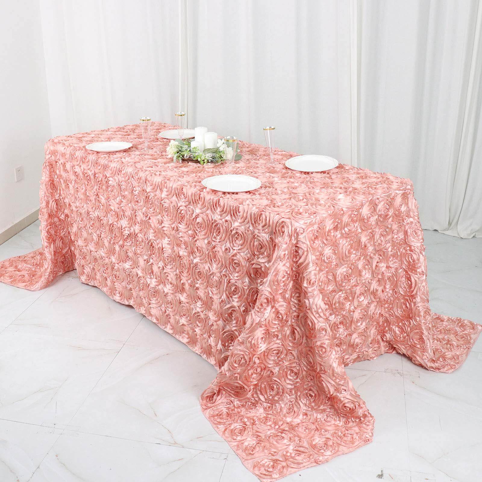 Satin 90x132 Rectangle Tablecloth Dusty Rose - Grandiose 3D Rosette Seamless Table Cover