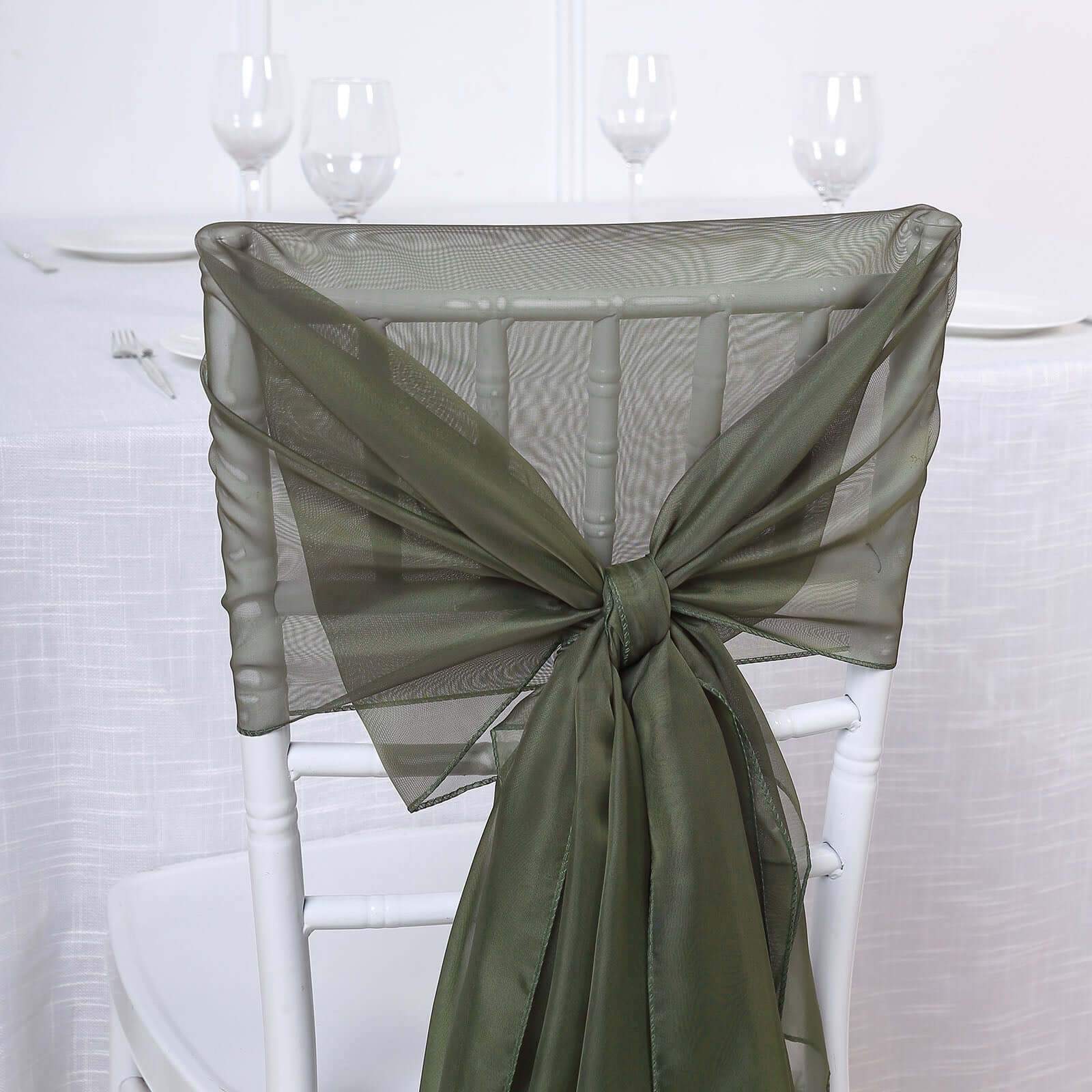 5 Pack Premium Chiffon Chair Sashes Olive Green - Soft & Lightweight Designer Chair Bows 22x78