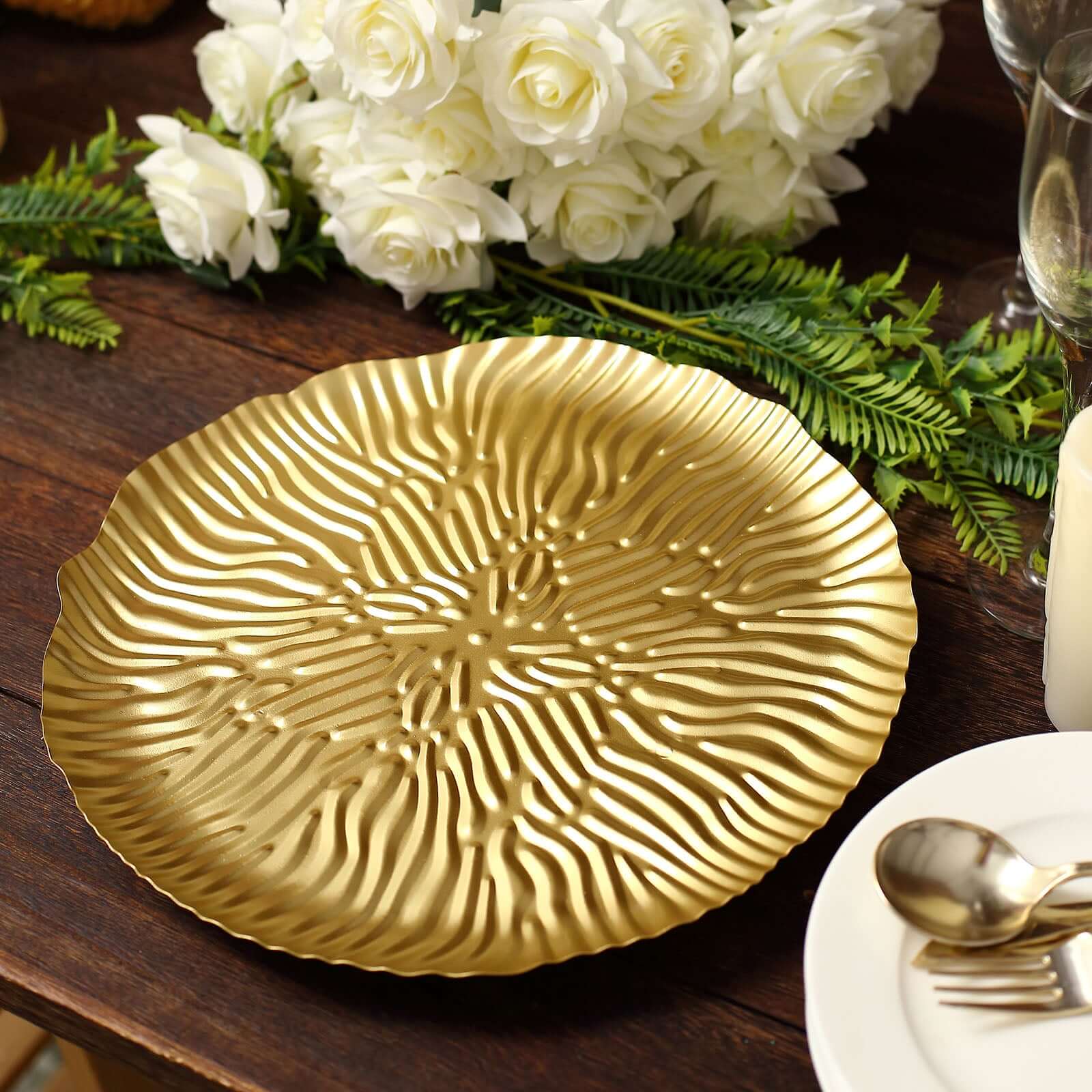 Metal Round Serving Tray 12 in Gold Floral Pattern with Wavy Rim, Pedestal Dessert Display with Hairpin Legs