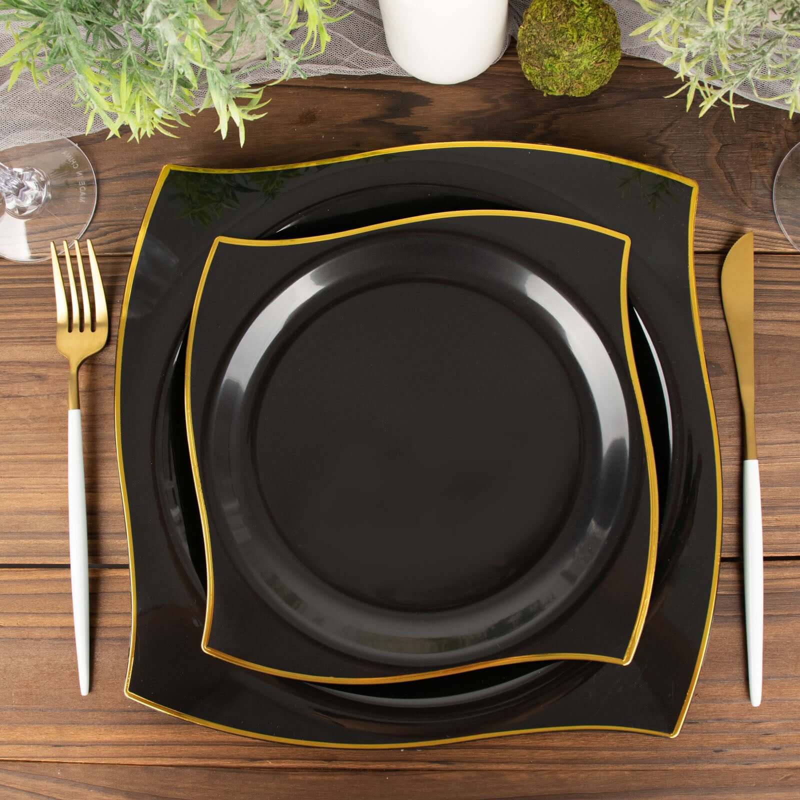 10-Pack Plastic 8 Square Dessert Plates in Black with Gold Wavy Rim Modern - Disposable Salad Appetizer Party Plates