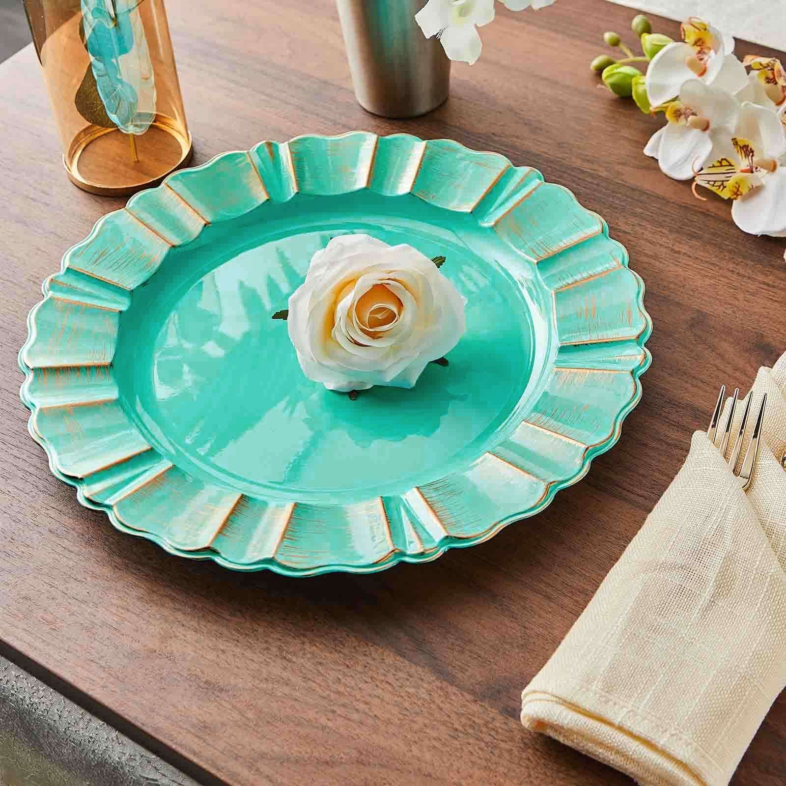 6-Pack Acrylic Plastic Round Charger Plates 13 in Turquoise with Gold Brushed Wavy Scalloped Rim, Decorative Dinner Party Charger Tableware