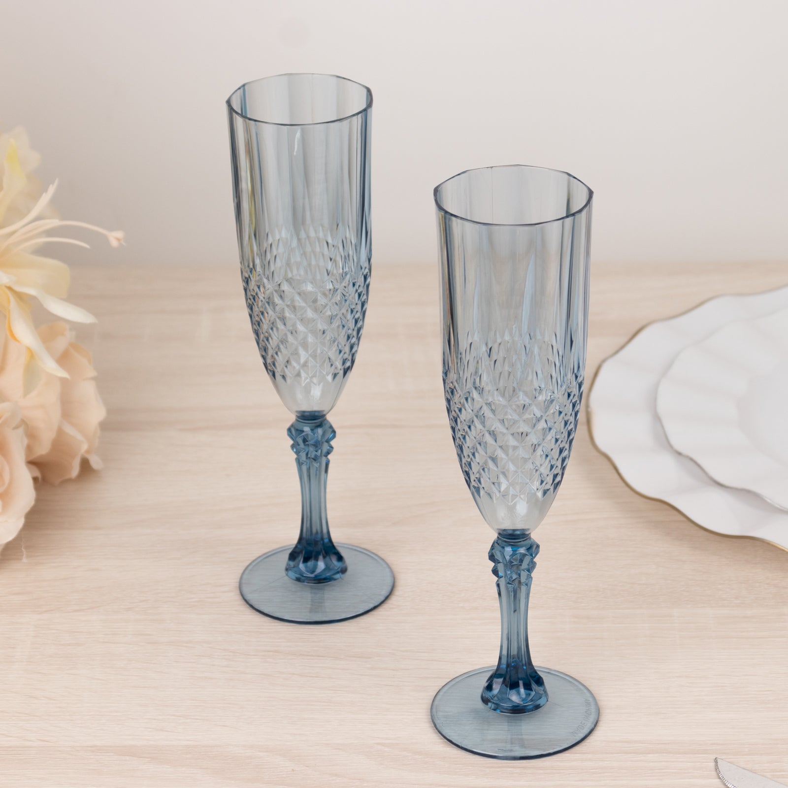 6-Pack Plastic Wedding Toast Flutes Dusty Blue Transparent Crystal Cut Style - Reusable Champagne Glasses 8oz