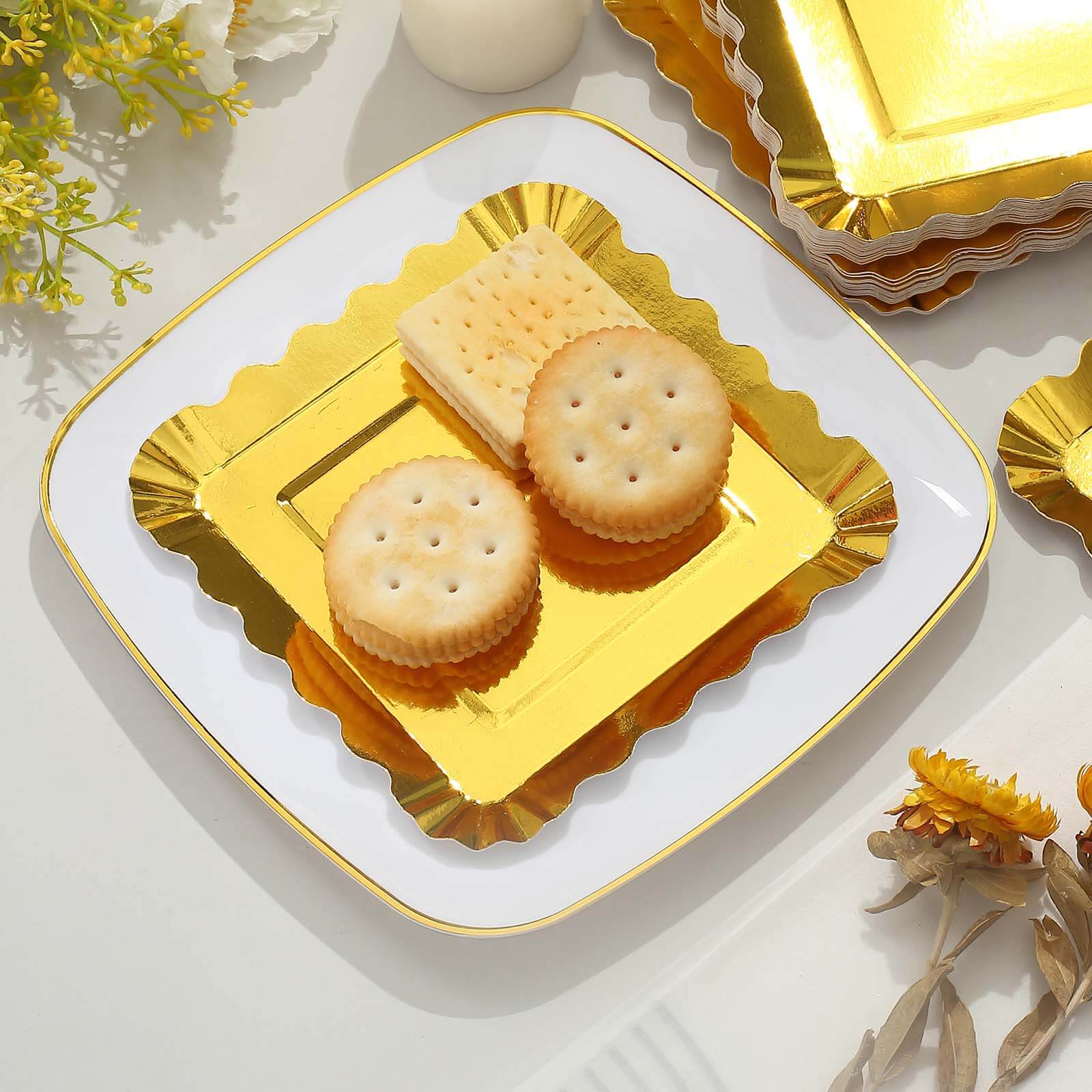 50-Pack Paper 5 Square Dessert Plates in Gold Foil with Scalloped Rim - Disposable Appetizer Plates for for Glam Gatherings & Special Occasions