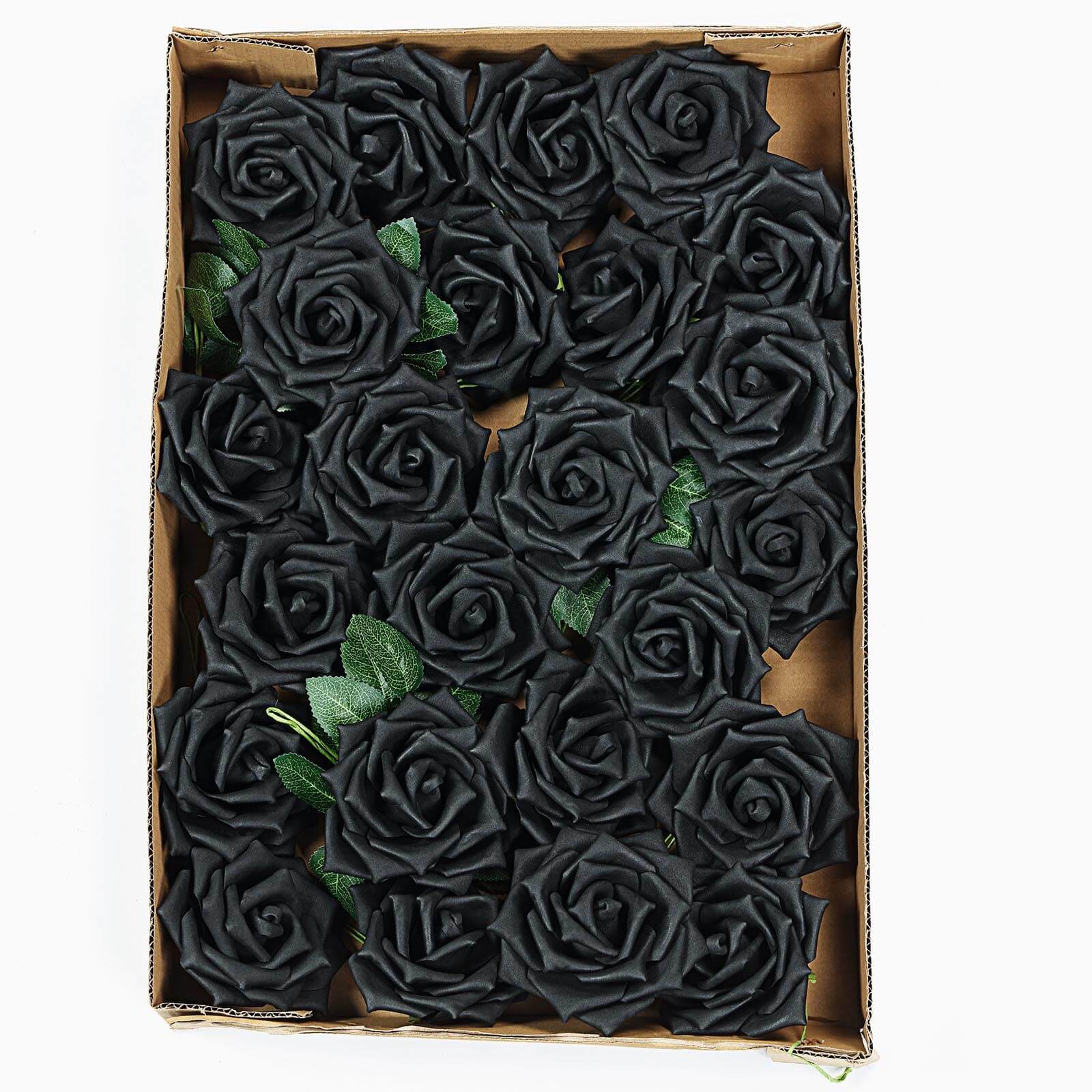 24 Roses 5 Black Artificial Foam Flowers With Stem Wire and Leaves