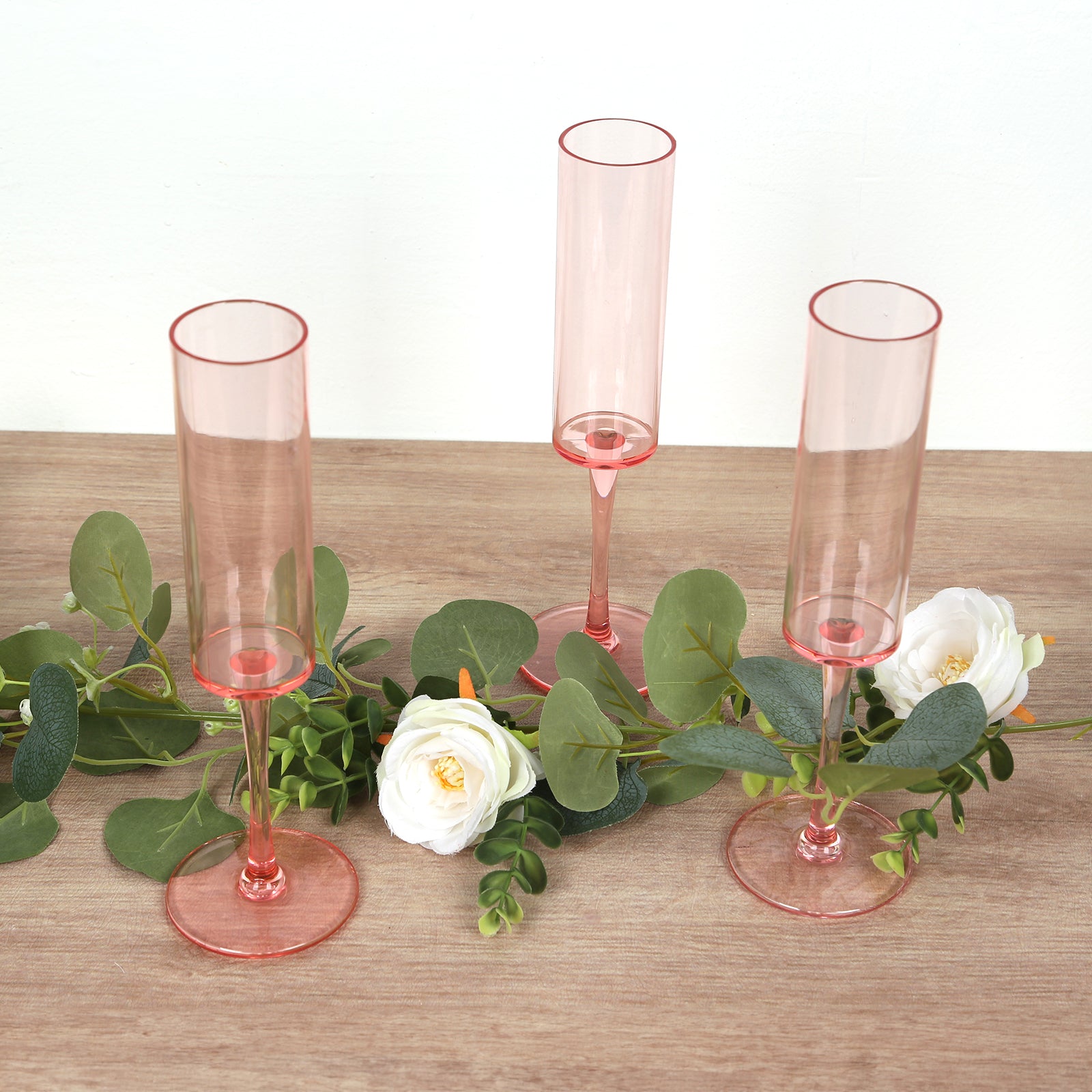 6-Pack Plastic Wine Mimosa Goblets Transparent Blush Cylindrical Shape - Reusable Champagne Flute Glasses 9.5 Tall 6oz