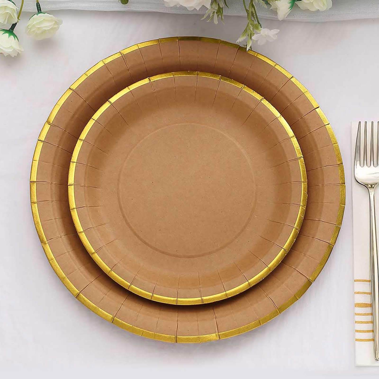 25-Pack Kraft Paper 8 Round Dessert Plates in Natural Brown with Gold Lined Rim - Disposable Salad Appetizer Plates for Rustic & Vintage Inspired Events