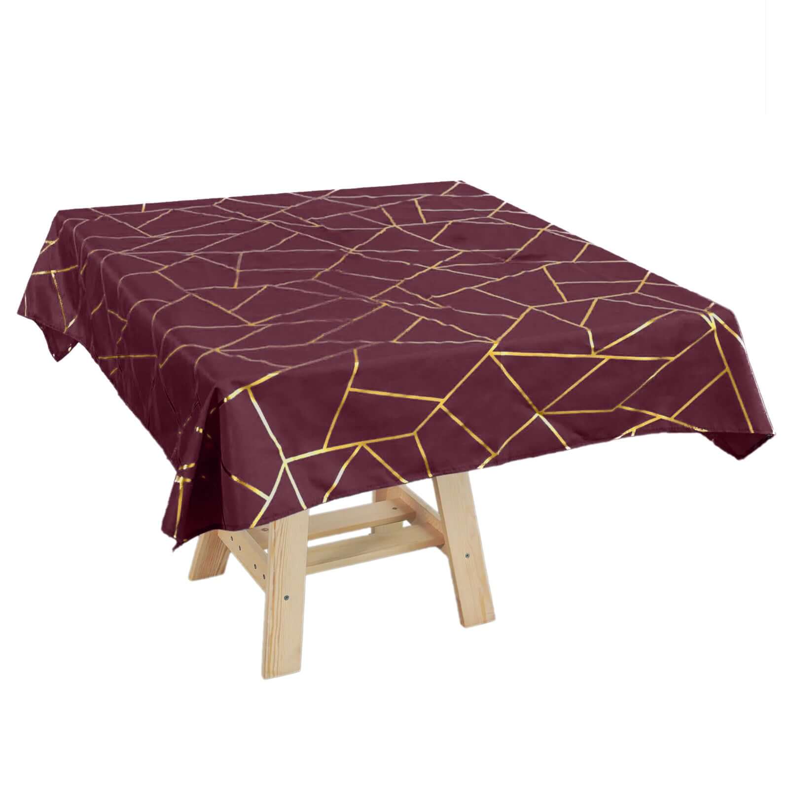 Polyester 54x54 Square Tablecloth Burgundy with Gold Foil Geometric Pattern - Wrinkle-Resistant & Durable Table Cover