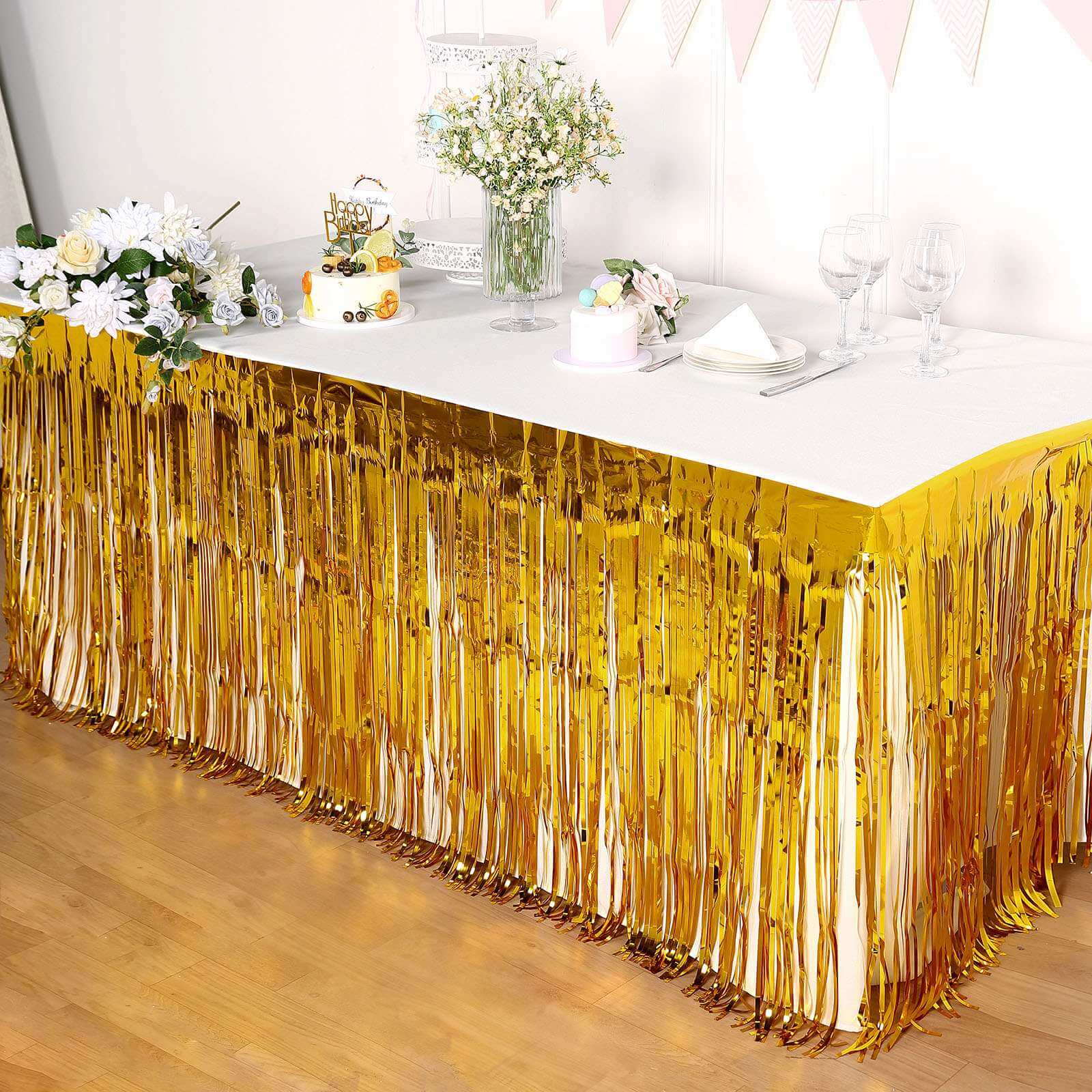 Metallic Foil Fringe Table Skirt Gold with Self Adhesive Backing - Durable Tinsel Skirt for Parties 30x9ft