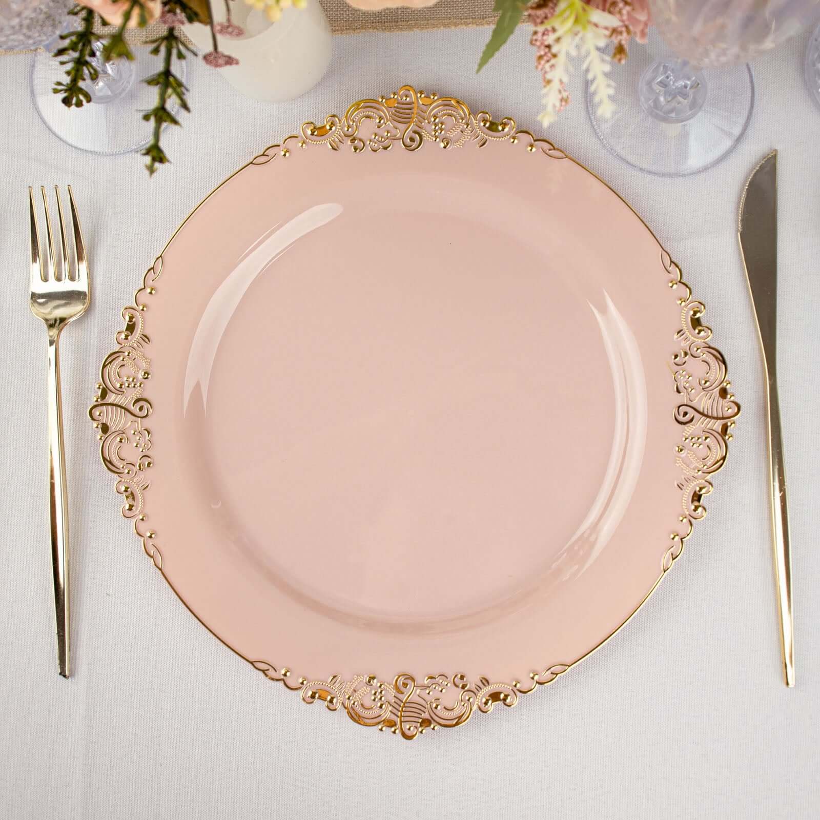 10-Pack Plastic 10 Round Dinner Plates in Blush with Gold Leaf Embossed Rim - Disposable Vintage Baroque Style Plates