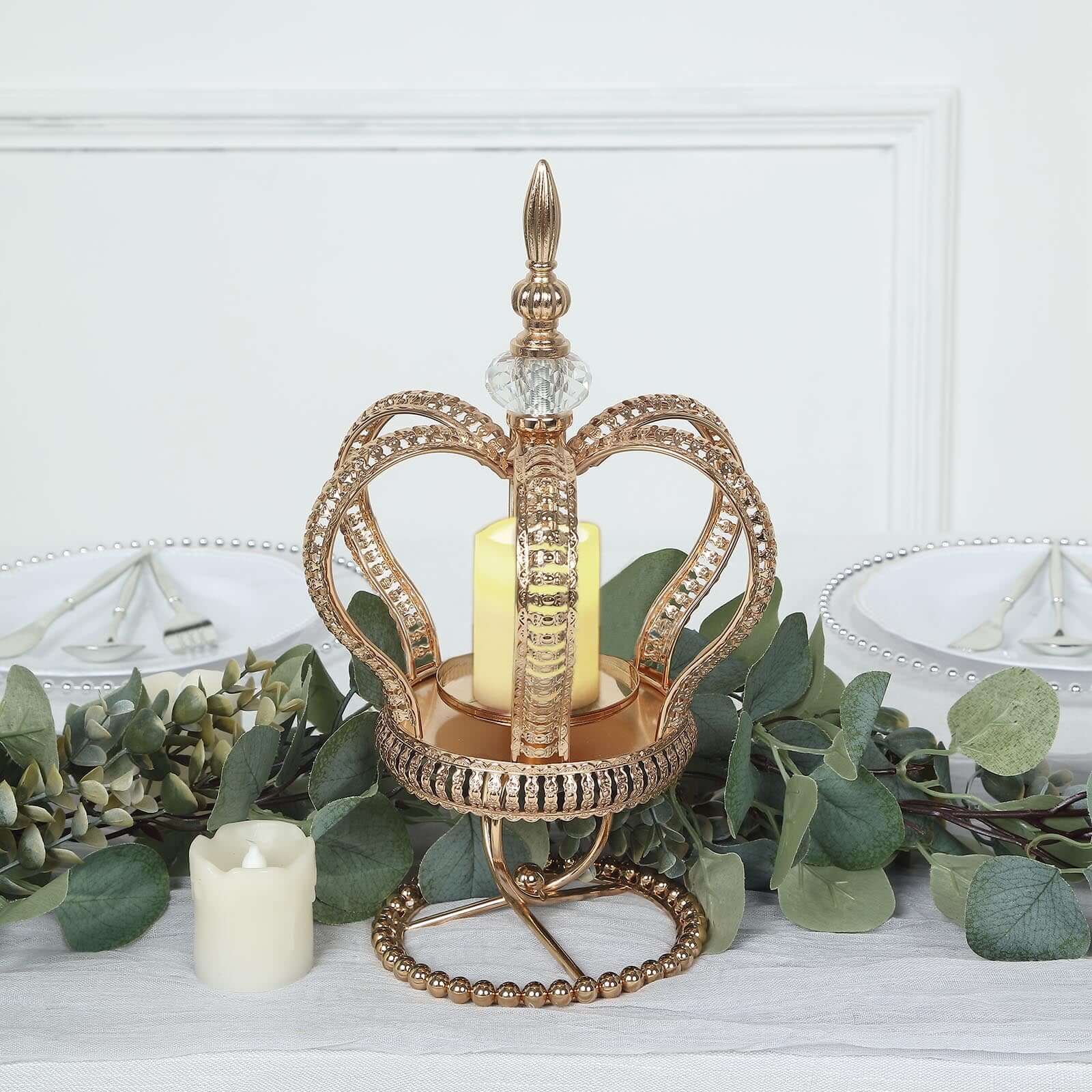 Metal Crown Spiral Pillar Candle Holder Stand Gold - Jeweled Votive Candle Centerpiece 13