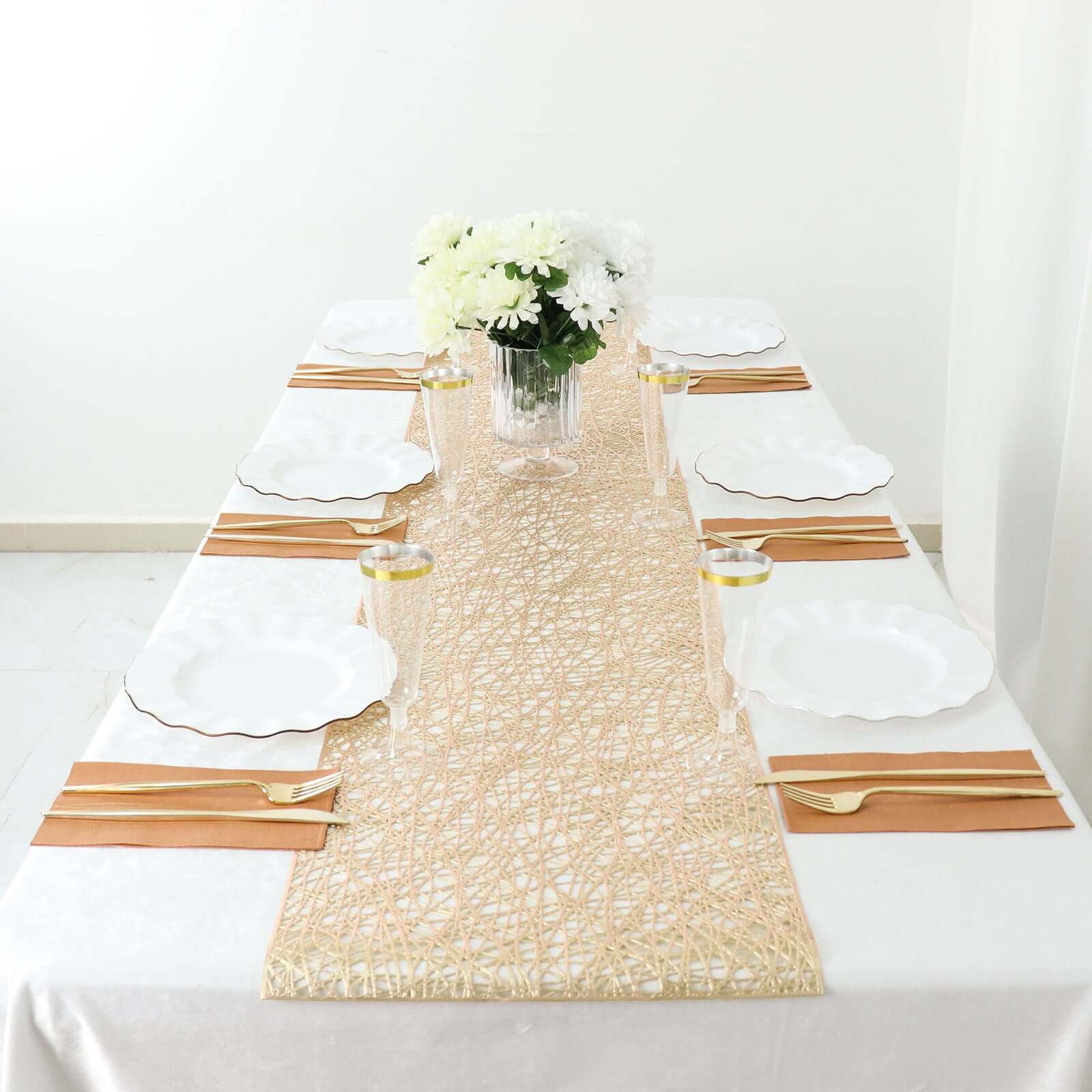 Plastic Woven Vinyl 13x6ft Table Runner Metallic Gold - Non-Slip & Reversible Tabletop Decor