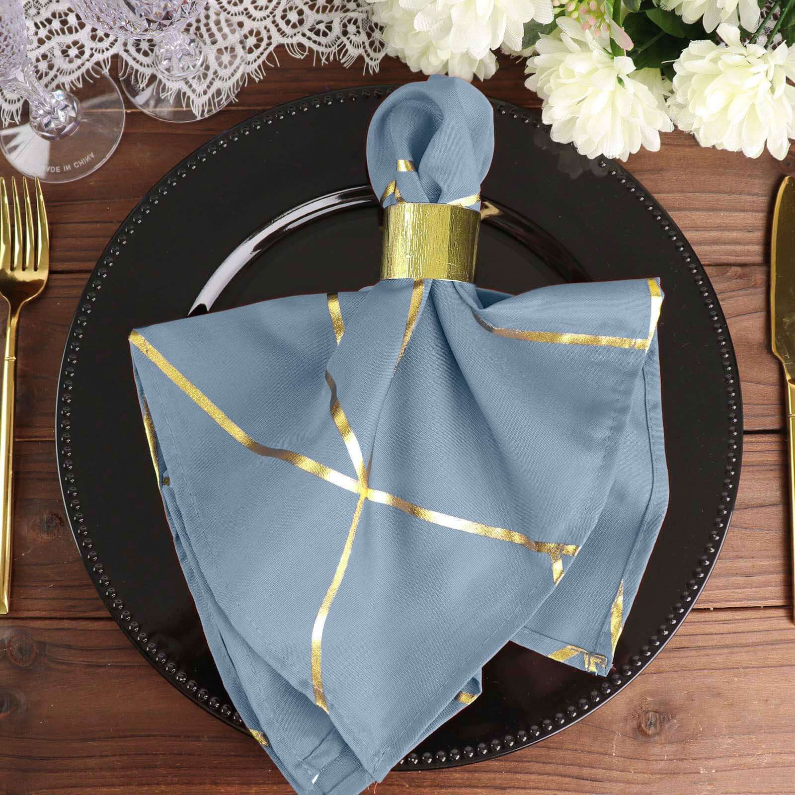 5 Pack Polyester 20x20 Napkins Dusty Blue with Gold Geometric Foil Pattern - Modern Reusable Dinner Napkins