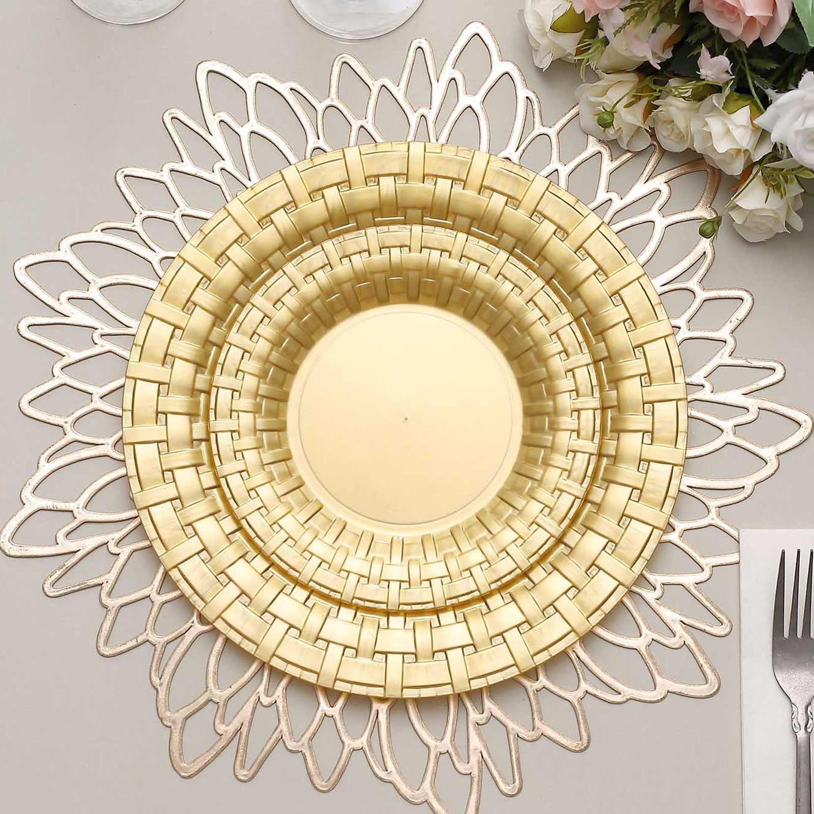 10 Pack 7 Gold Basketweave Rim Plastic Salad Dessert Plates, Round Disposable Appetizer Plates