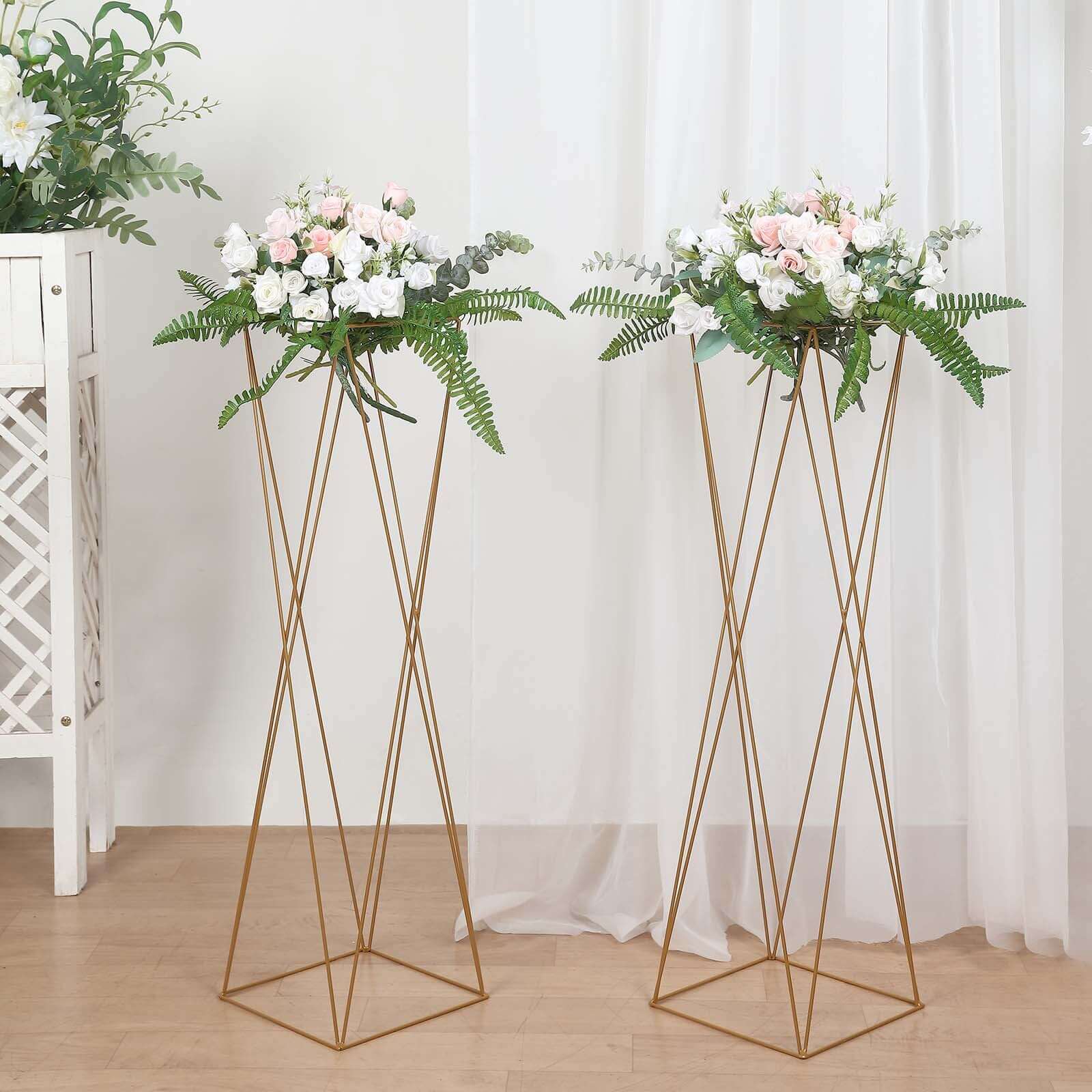 2-Pack Wedding Centerpieces Metal Geometric Crisscross Design Gold - Open Column Pedestal Stands 32