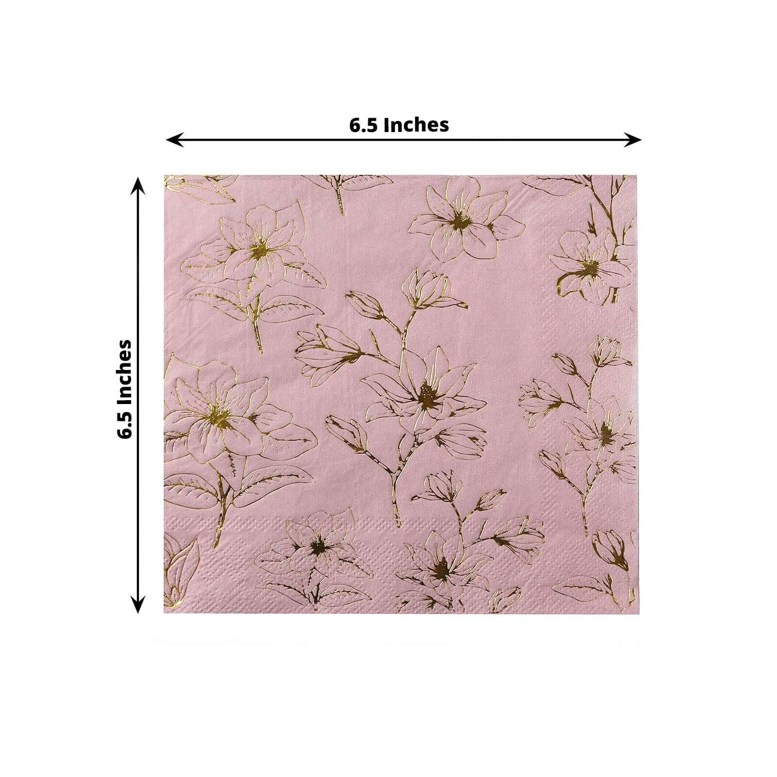 50-Pack Paper Cocktail Napkins with Gold Magnolia Flowers Print Dusty Rose - Highly 2 Ply Absorbent Soft Napkins for Beverages