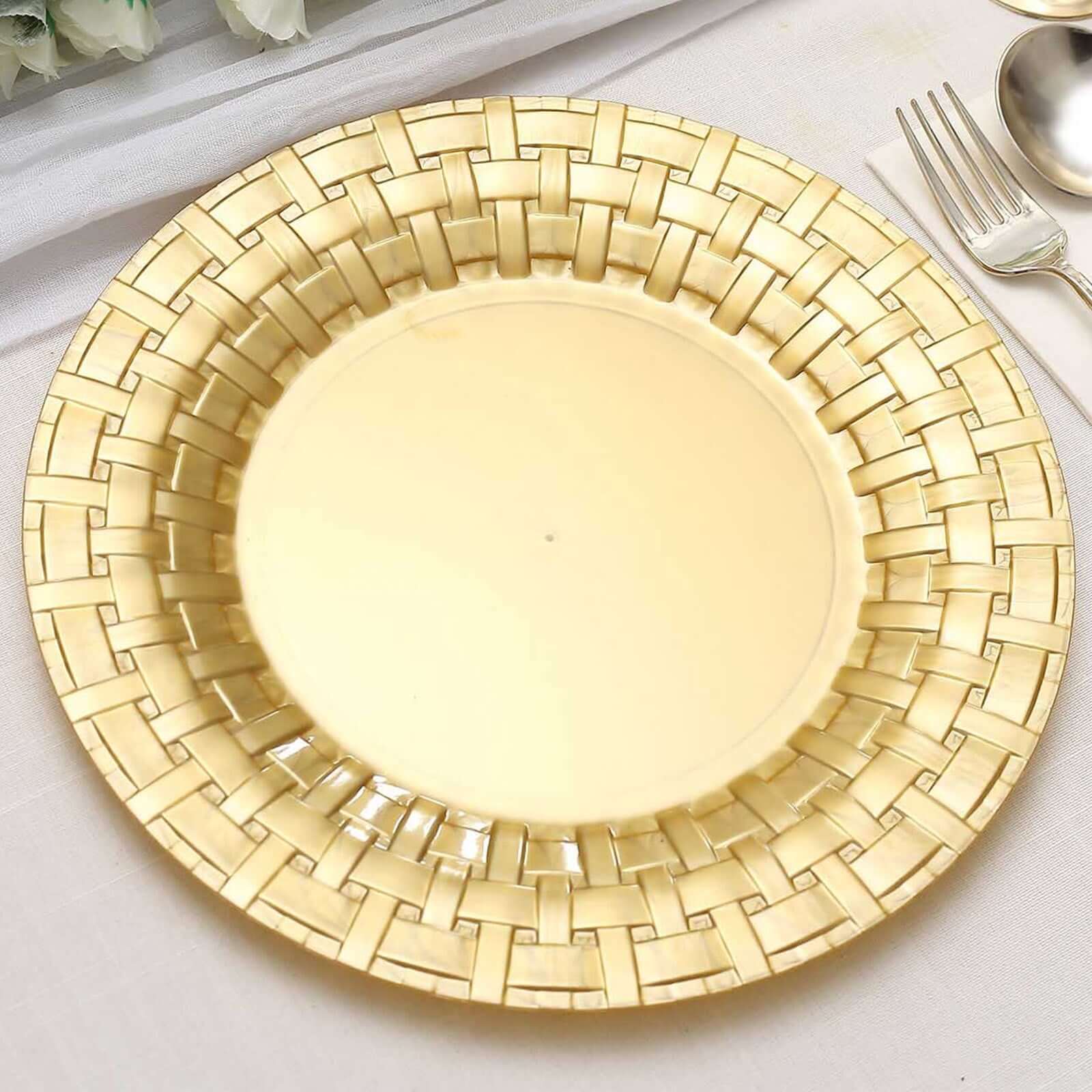 10-Pack Plastic Dinner Plates Gold Basketweave Rim - Durable Disposable Dinner Plates 10