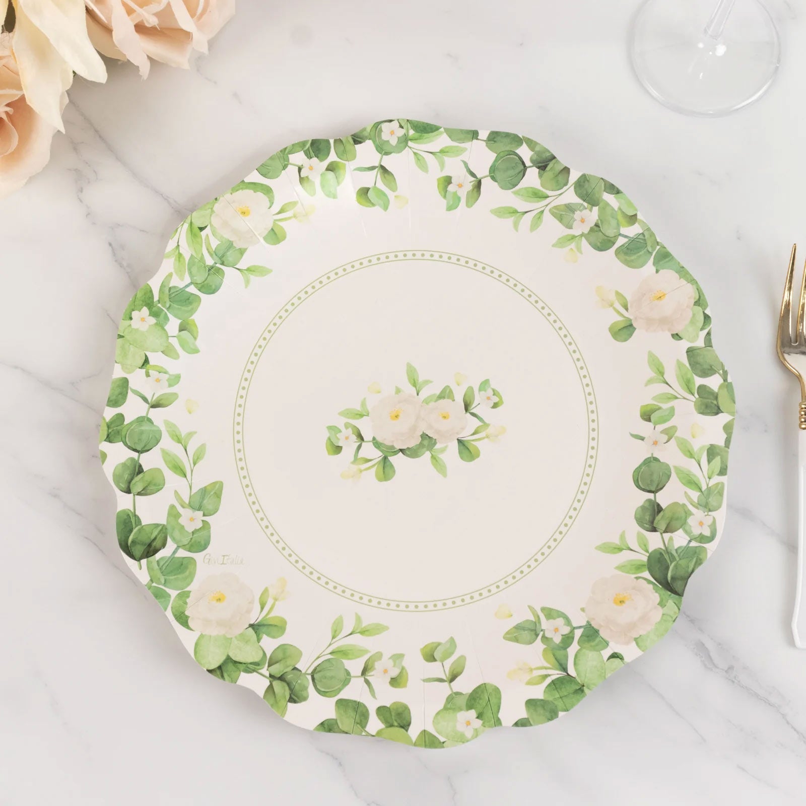 25-Pack Paper 11 Round Dinner Plates in White with Floral Greenery & Scalloped Edges - Disposable Party Plates for Nature-Inspired Events & Chic Celebrations