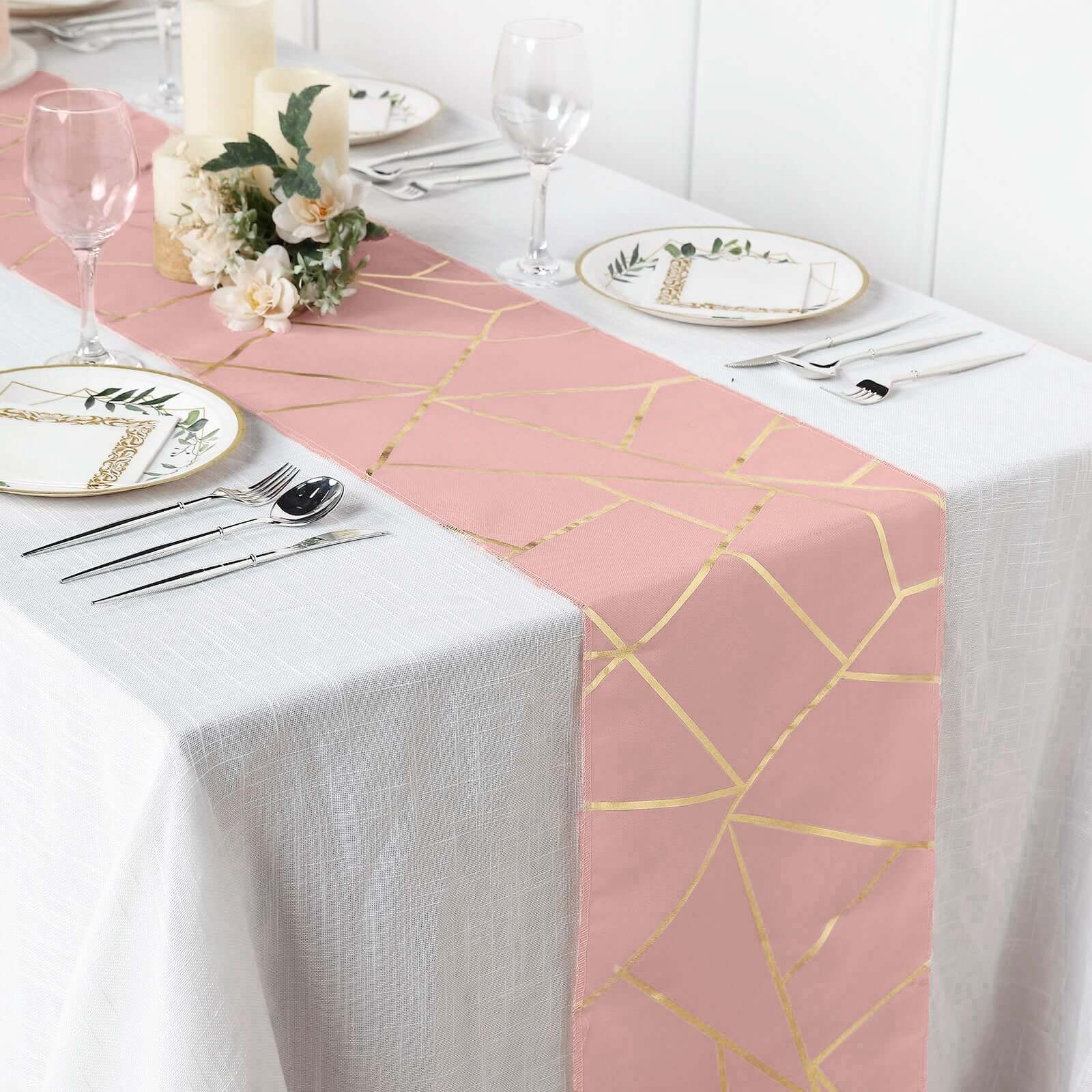 Polyester 9ft Table Runner Dusty Rose with Gold Foil Modern Geometric Accent