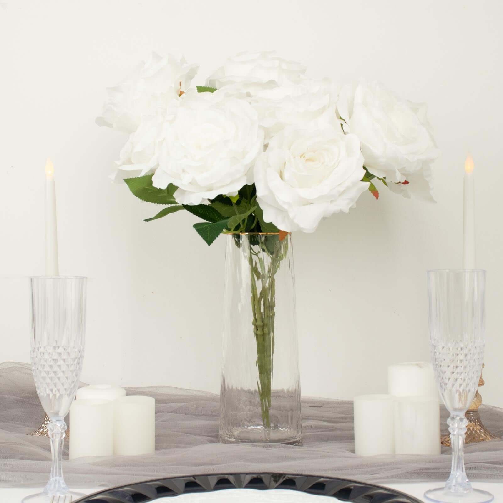 2 Bushes 17 White Premium Silk Jumbo Rose Flower Bouquet, High Quality Artificial Wedding Floral Arrangements