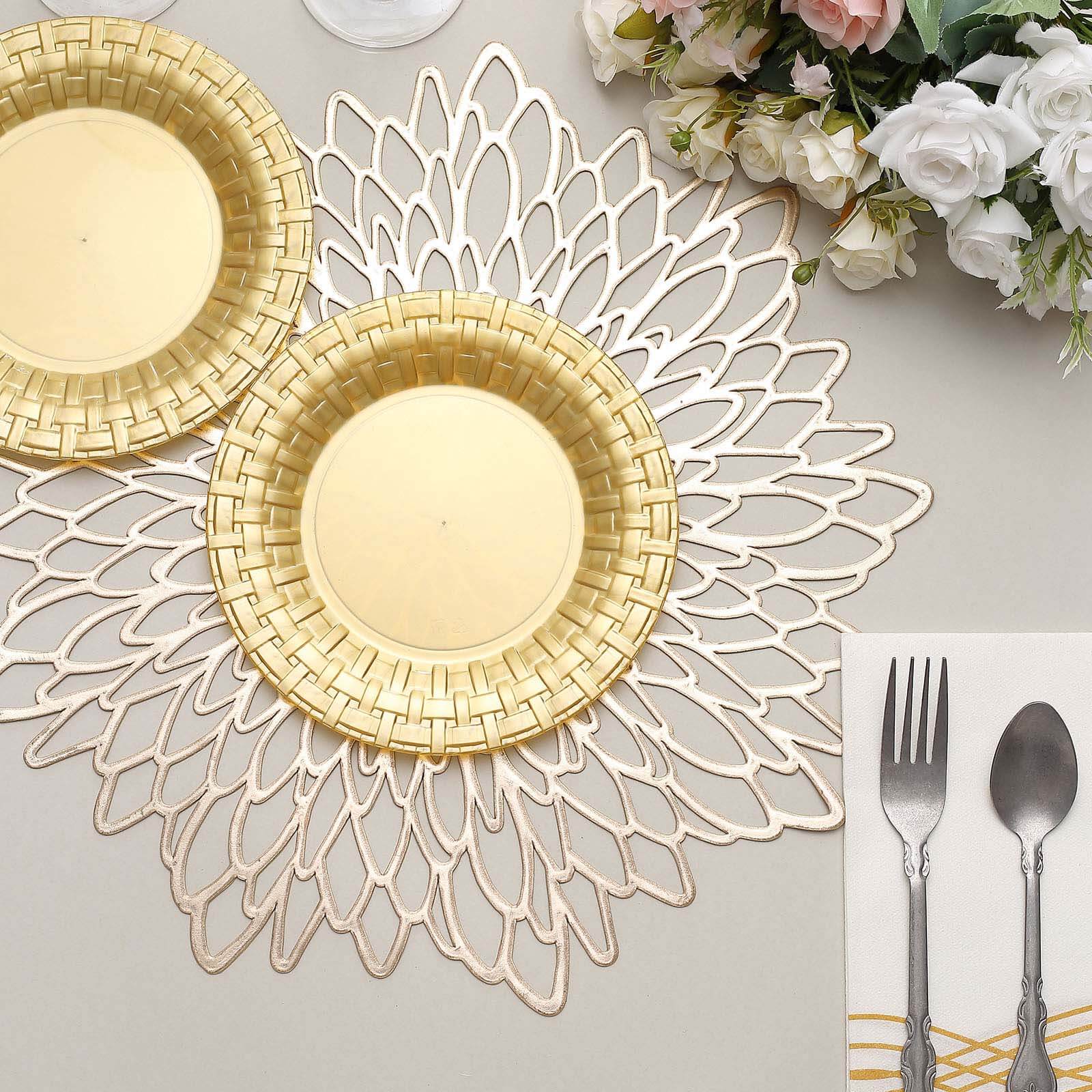 10 Pack 7 Gold Basketweave Rim Plastic Salad Dessert Plates, Round Disposable Appetizer Plates