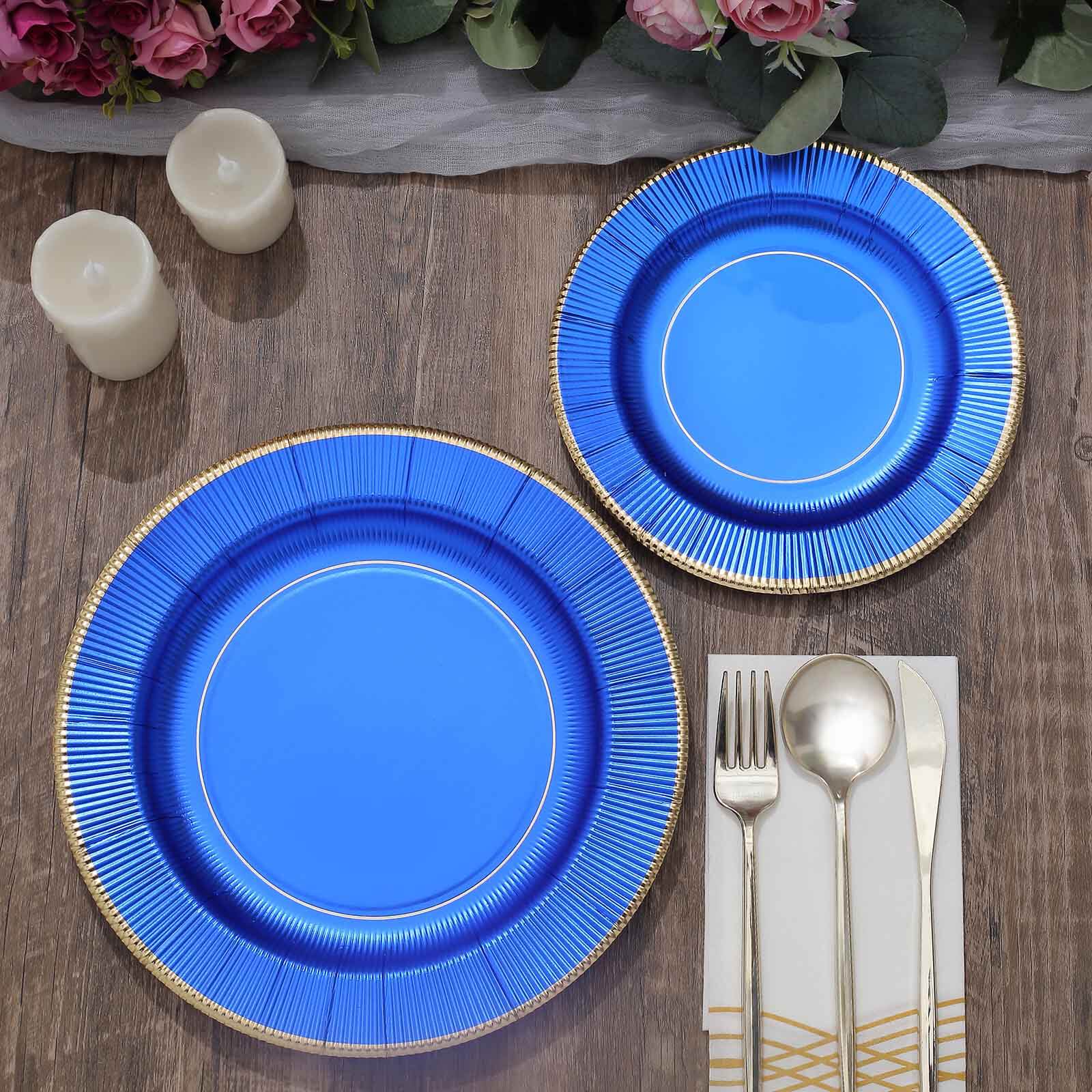 25-Pack Paper 8 Round Dessert Plates in Royal Blue Sunray Design with Gold Rim - Disposable Heavy Duty 350GSM Appetizer Salad Plates