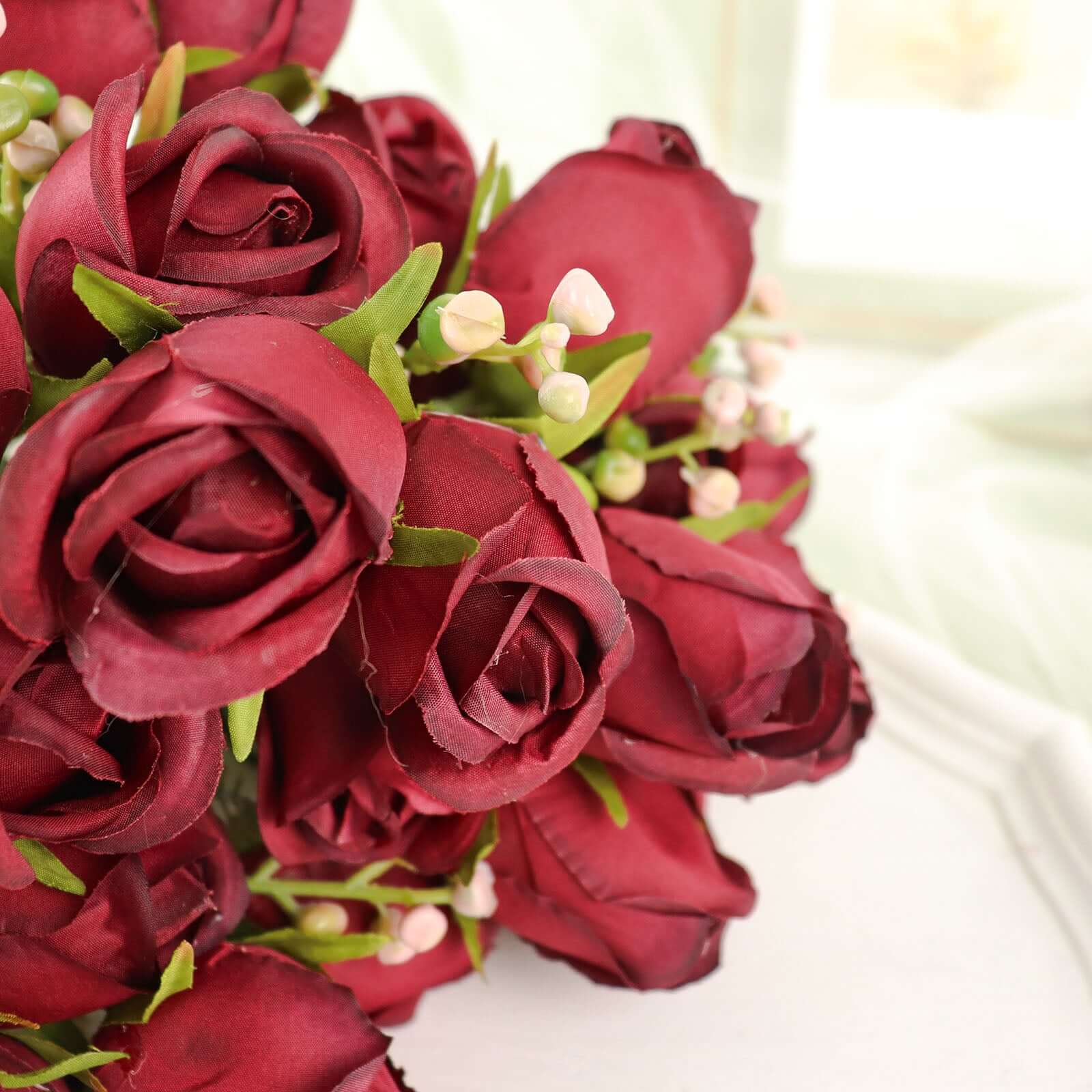 3 Pack 13 Burgundy Real Touch Silk Rose Bud Flower Bridal Bouquets, Artificial Floral Bush Arrangements