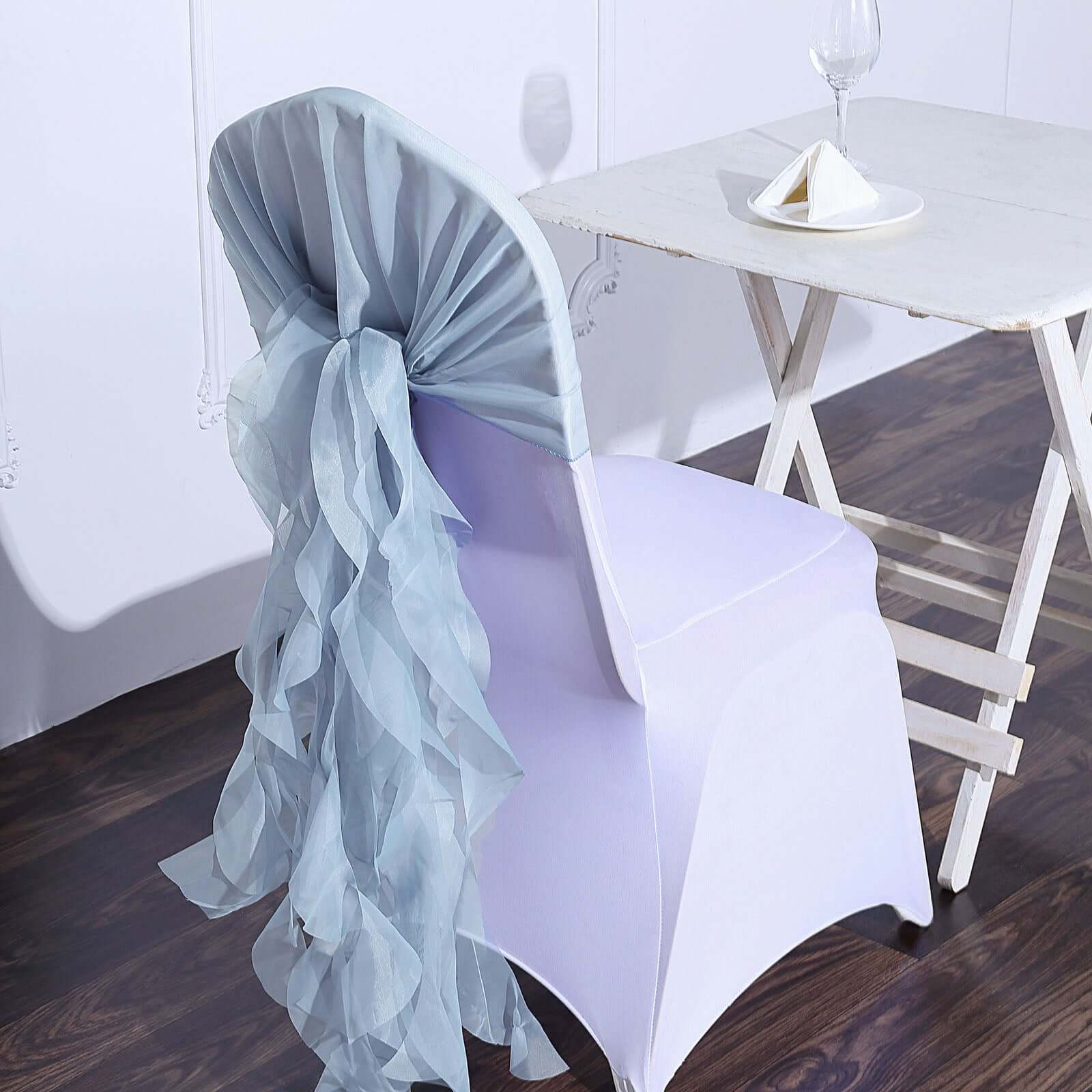 1 Set Chiffon Hoods Chair Sashes with Willow Ruffles Design Dusty Blue - Stylish Chair Bow Decor