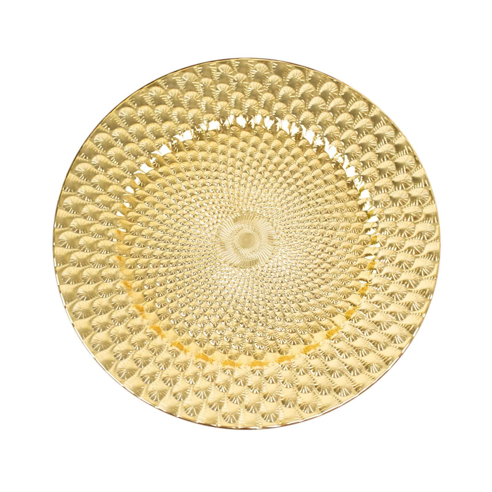 6-Pack Plastic Round Charger Plates 13 in Gold with Peacock Pattern, Exquisite Decorative Dinner Party Charger Tableware