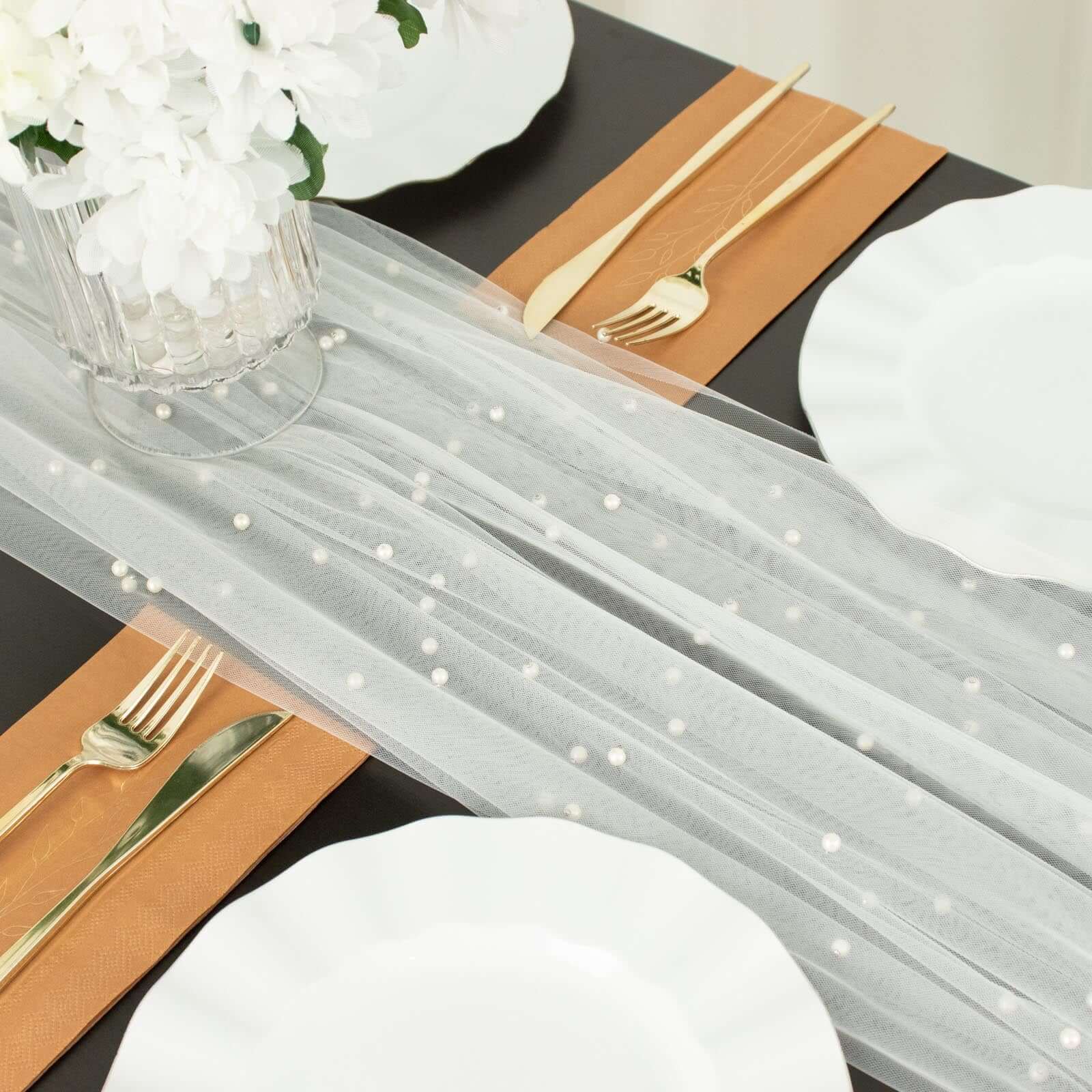 Sheer Tulle 48x120 Table Runner White Pearl Embellished - Stylish Wedding & Event Table Linen