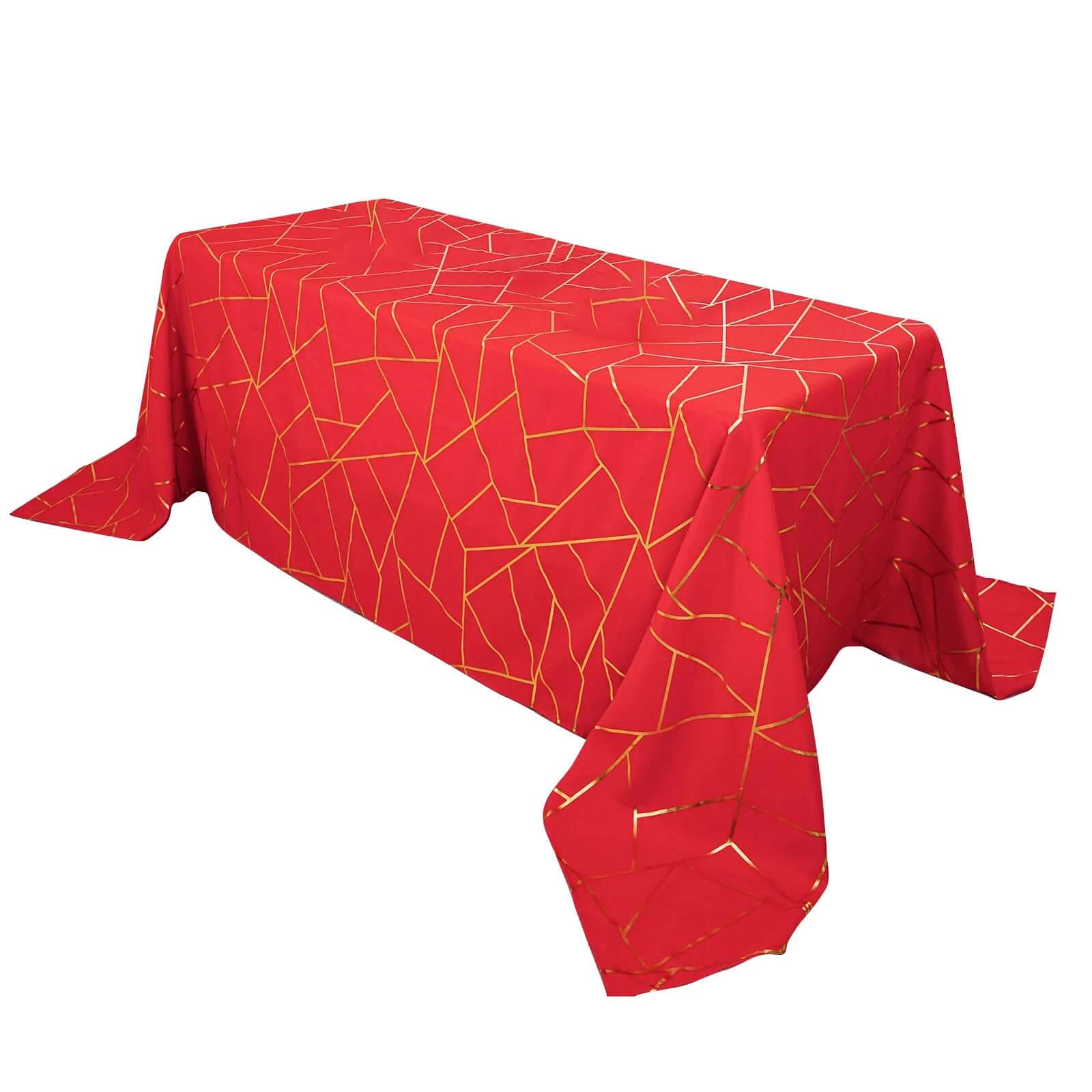 Polyester 90x132 Rectangle Tablecloth Red Seamless with Gold Foil Geometric Pattern - Wrinkle-Resistant Seamless Table Cover