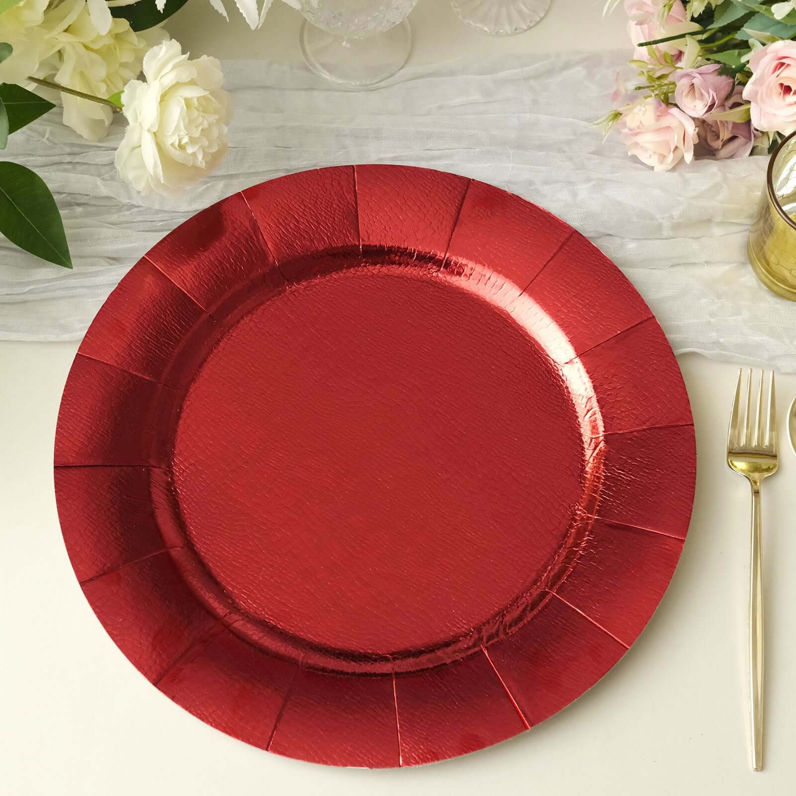 10-Pack Disposable Round Charger Plates in Red with Leathery Texture - Durable 1100GSM Cardboard Placemats 13