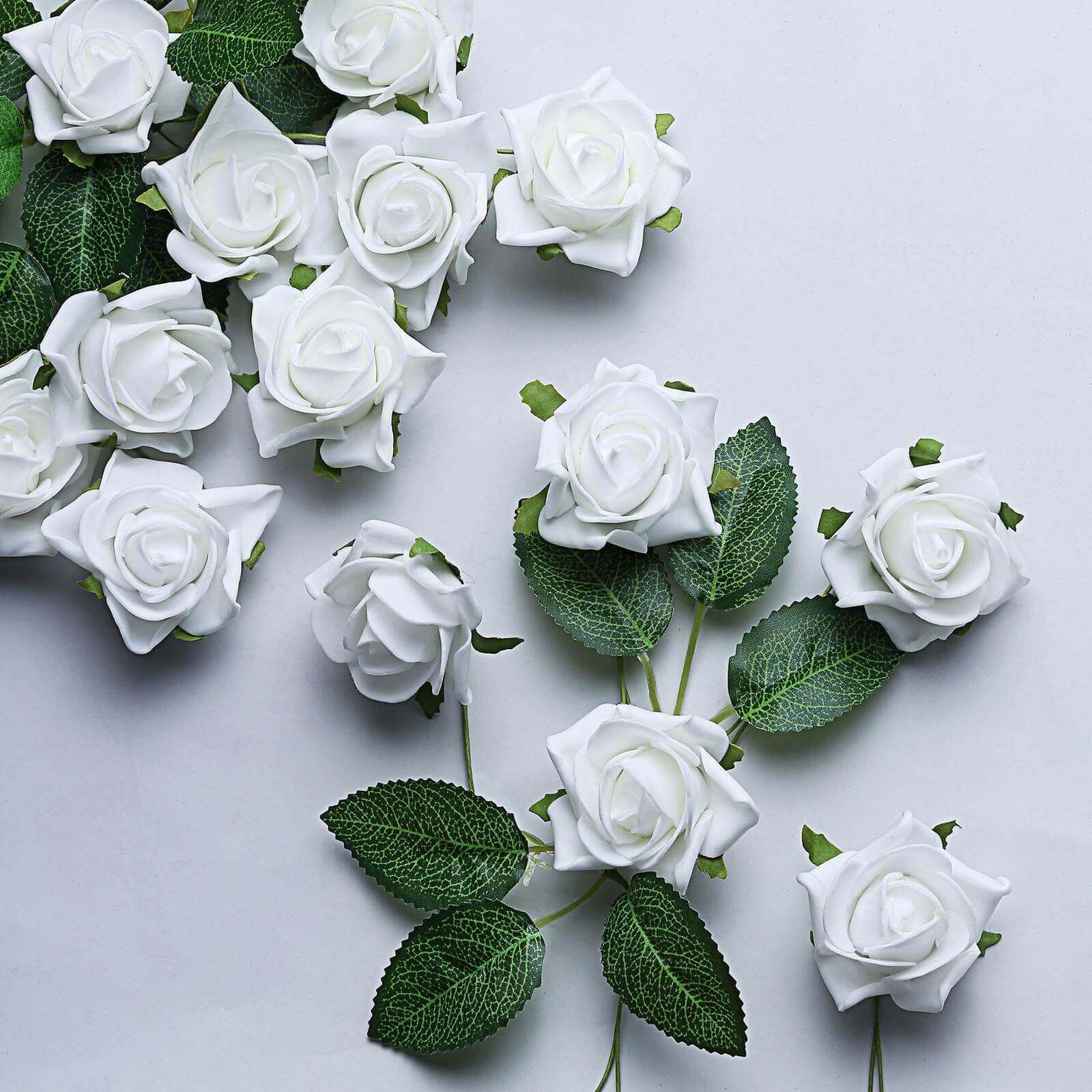 24 Roses 2 White Artificial Foam Flowers With Stem Wire and Leaves