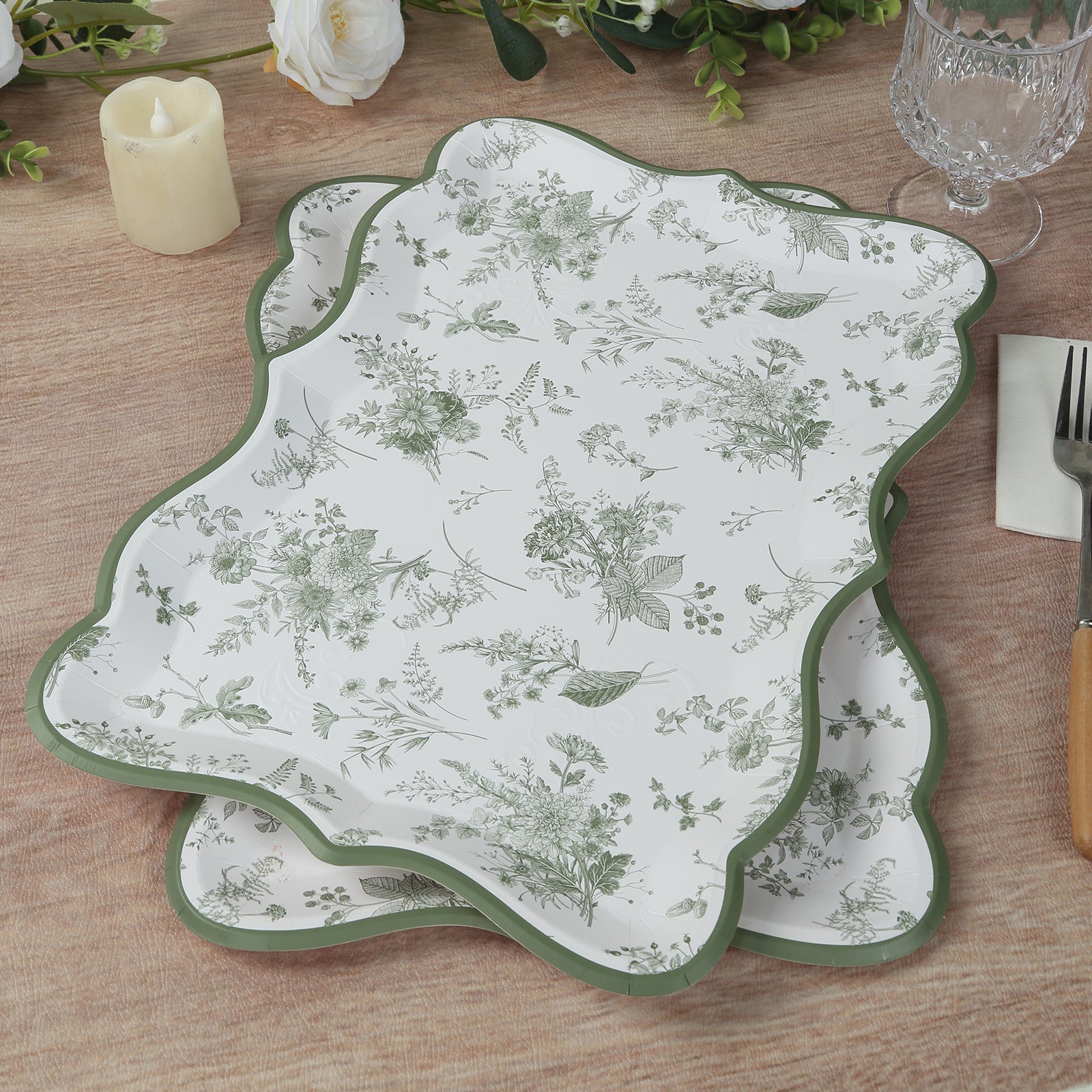 10-Pack Paper 14x10 Rectangle Serving Trays White/Sage Green - Heavy Duty Disposable 400GSM Cardboard Party Platters with French Toile Pattern for Weddings & Parties