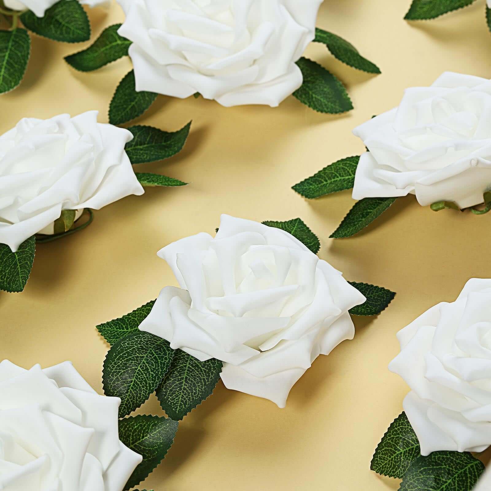 24 Roses 5 White Artificial Foam Flowers With Stem Wire and Leaves