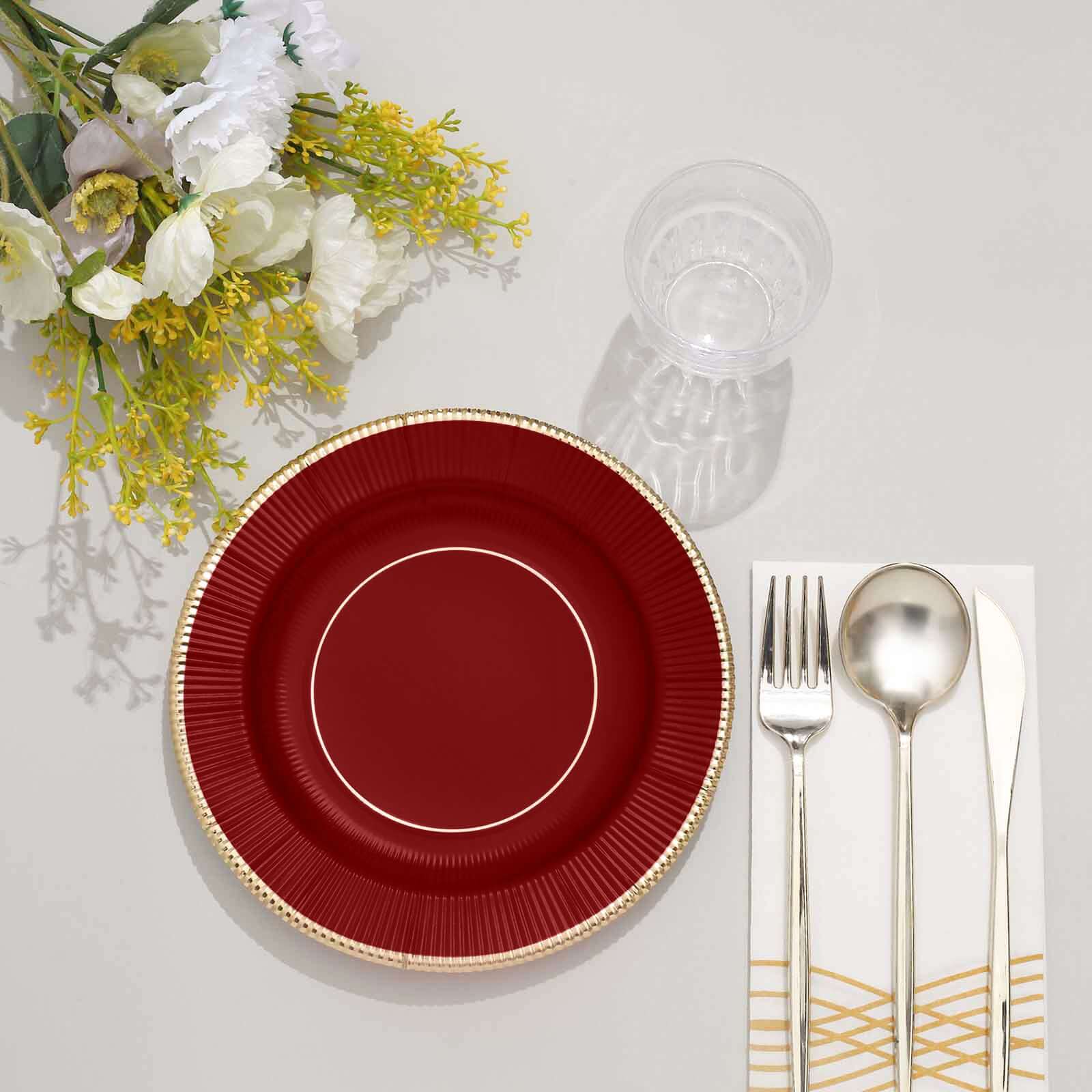 25-Pack Paper 8 Round Dessert Plates in Burgundy Sunray Design with Gold Rim - Disposable Heavy Duty 350GSM Appetizer Salad Plates