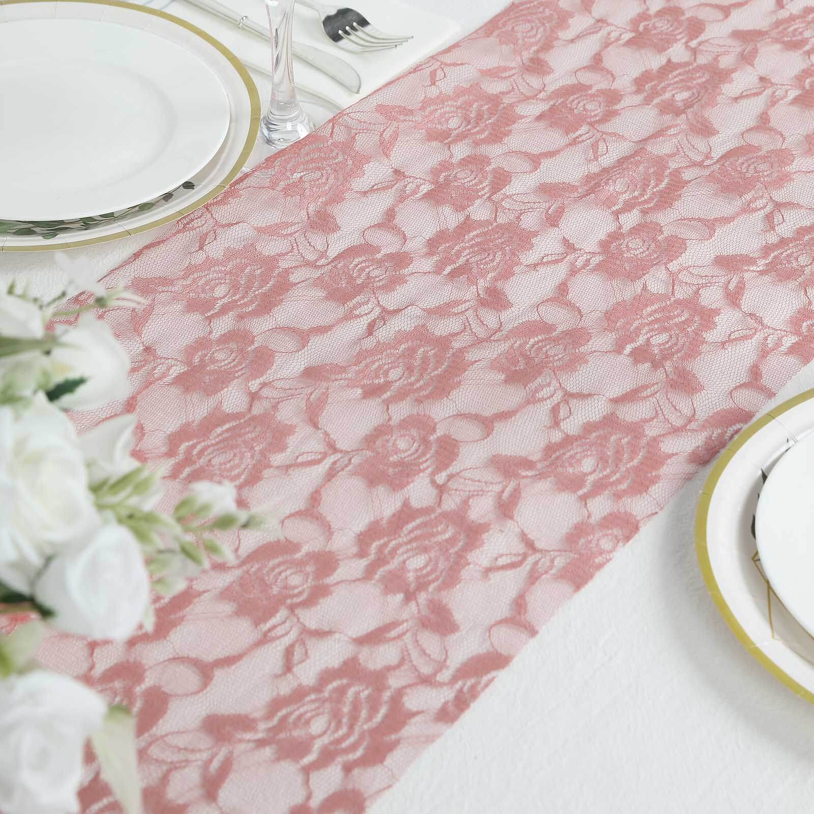 Lace 12x108 Table Runner Dusty Rose - Vintage Rose Pattern Table Decor