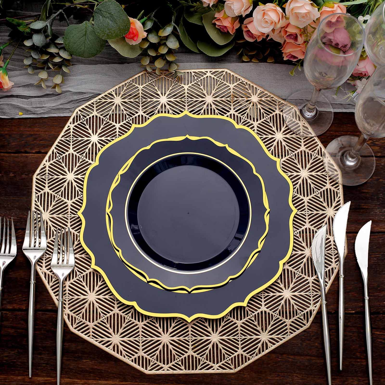 10-Pack Plastic 8 Round Desert Plates in Navy Blue with Gold Scalloped Rim - Disposable Appetizer/Salad Plates