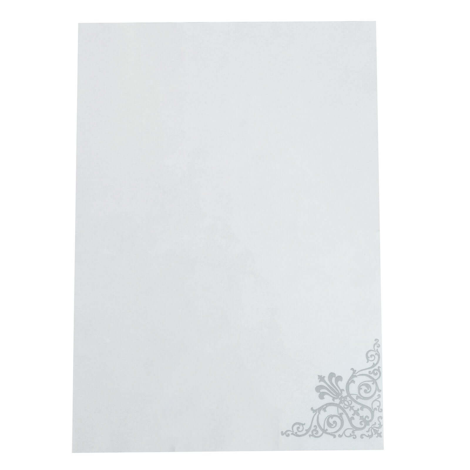 25 Pack Linen-Like Paper 8x4 Napkins White with Metallic Silver Foil Fleur Vintage Design - Classy Disposable Airlaid Hand Towels for Weddings & Events