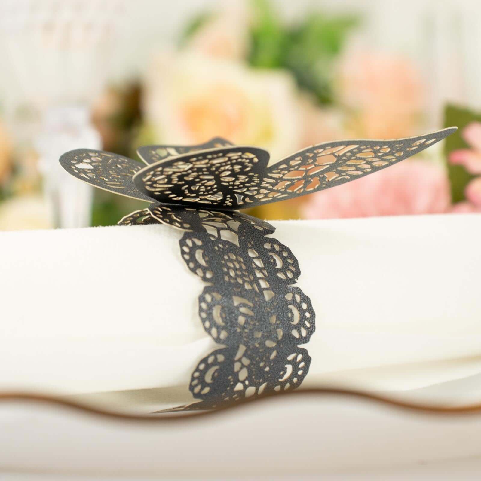 12-Pack Paper Napkin Rings Laser Cut Butterfly Black Shimmery - Decorative Serviette Holders for Events