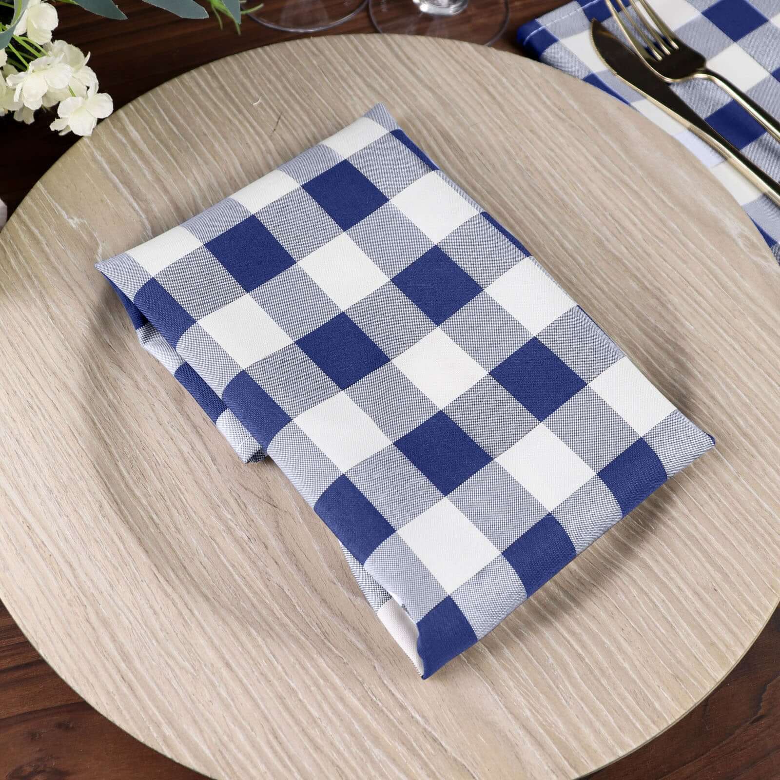 5 Pack Polyester 15x15 Napkins Navy Blue/White Buffalo Plaid Gingham Style Cloth Napkins