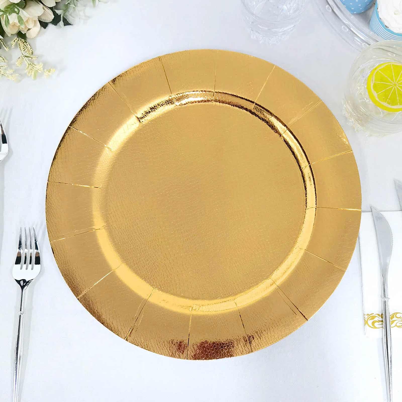 10-Pack Disposable Round Charger Plates in Gold with Leathery Texture - Durable 1100GSM Cardboard Placemats 13