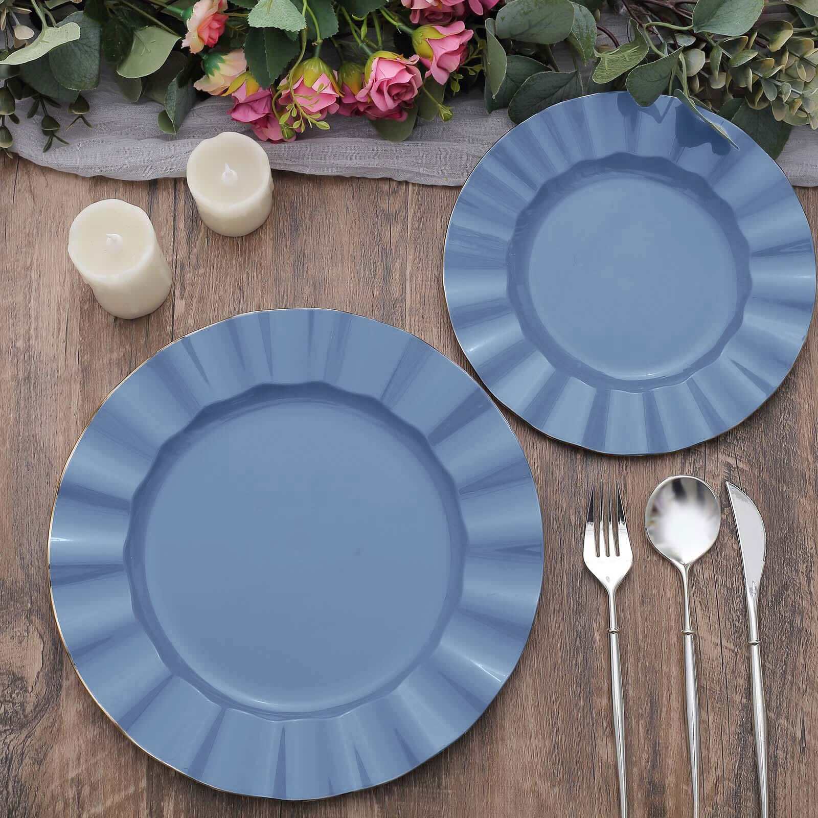 10-Pack Plastic 9 Round Dinner Plates in Ocean Blue Ruffled Rim with Gold Edging - Sturdy Disposable Dinnerware